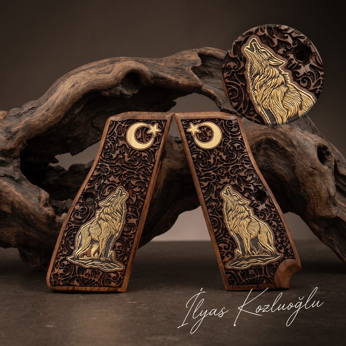 Browning MK3 Halkalı Ceviz Kabza Tam Yüzey Sarmaşık Desenli Üzeri Gümüş Renk Kurt ve Ay Yıldız Logolu