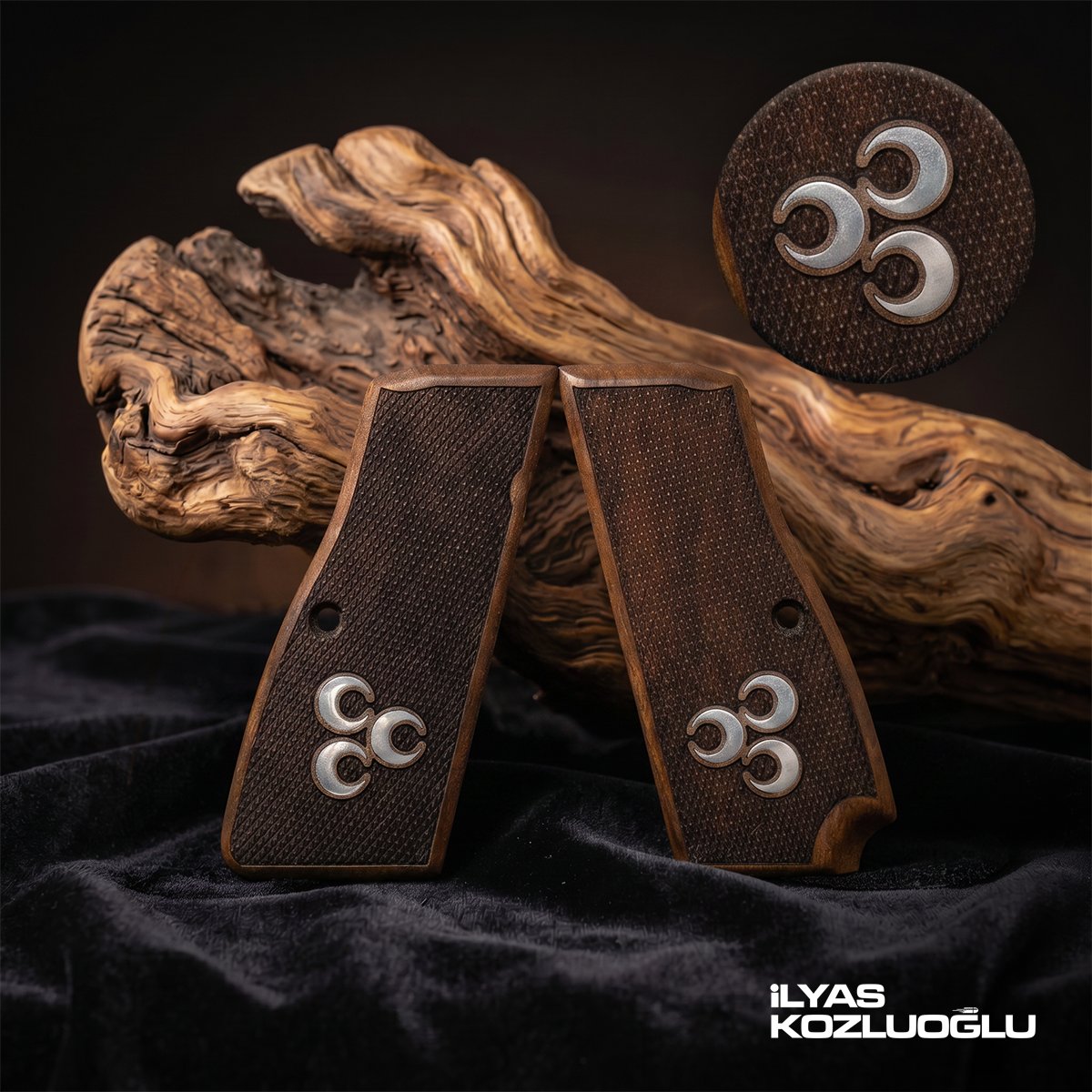 Browning MK3 Halkalı Koyu Ceviz Kabza Tam Yüzey Desenli Gümüş Üç Hilal Logolu