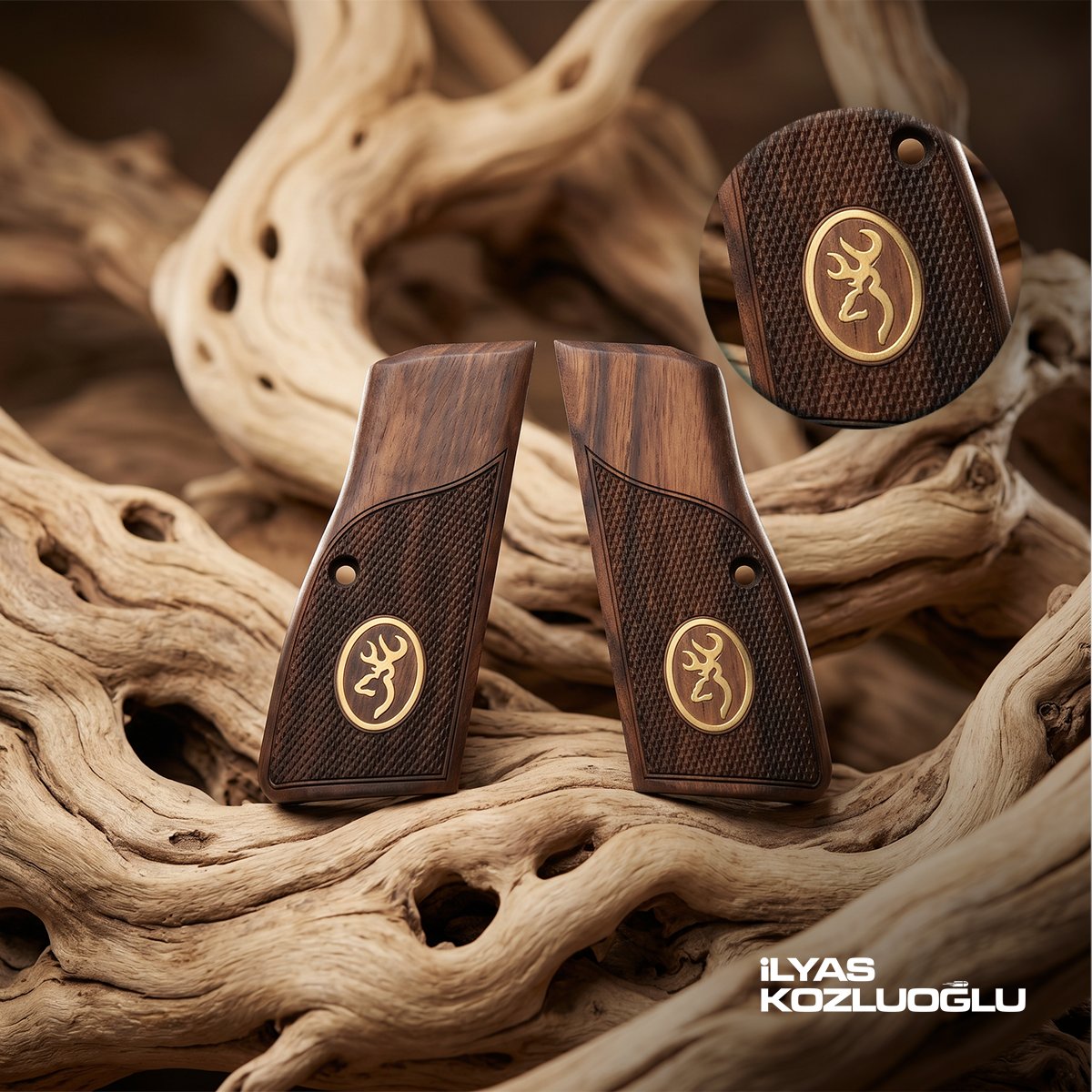 Browning MK3 Koyu Ceviz Kabza Yarım Yüzey Baklava Desen Üzeri Sarı Pirinç Marka Logolu