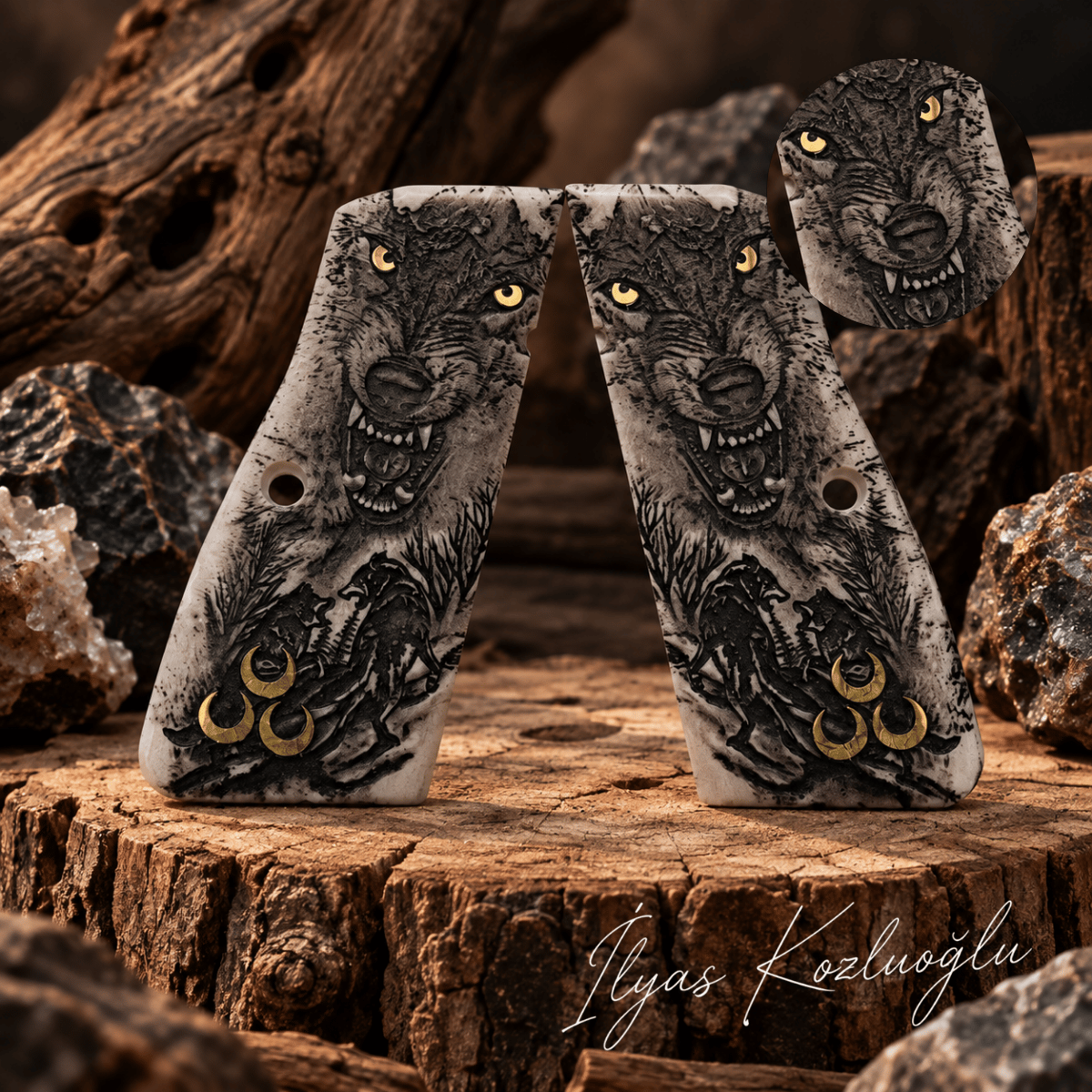 Browning Mk3 Pleksi Kabza Tam Yüzey Özel Tasarım Kurt Desenli Sarı Pirinç Üç Hilal Logolu