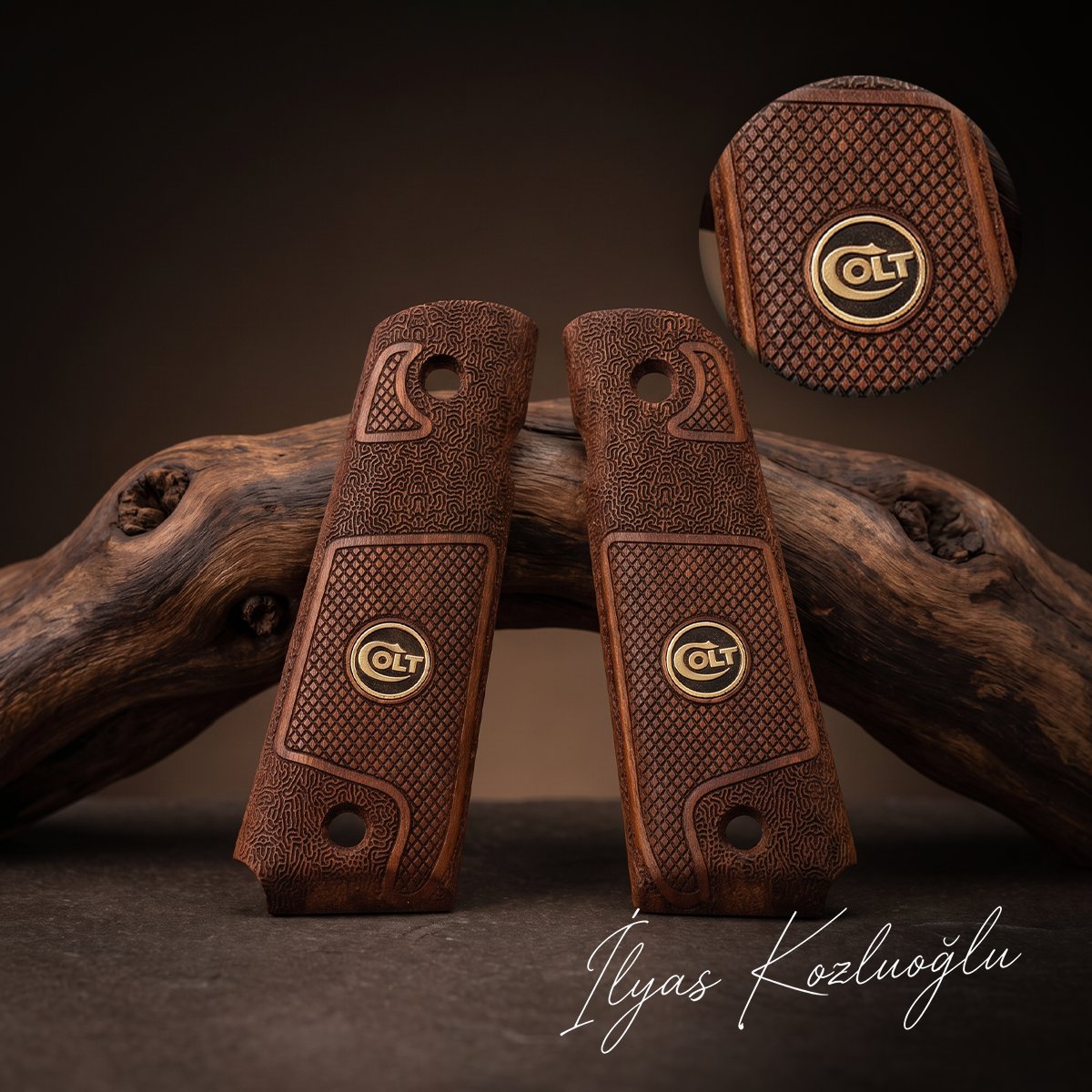 Colt 1911 Ambicut Ceviz Kabza Tam Yüzey Desenli Üzeri Sarı Pirinç Colt Logolu