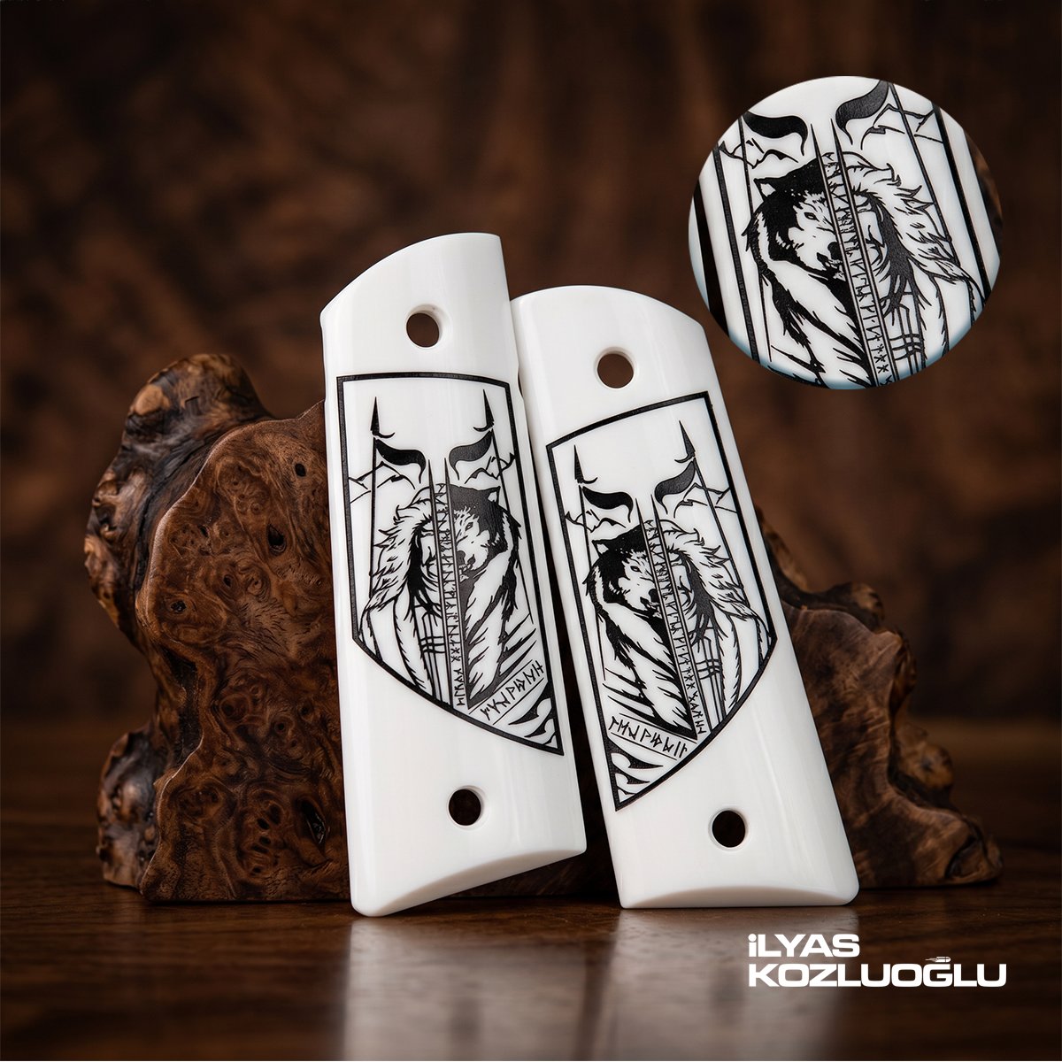 Colt 1911 Beyaz Pleksi Kabza Tam Yüzey Kurt ve Adam Tasarımlı Özel Üretim