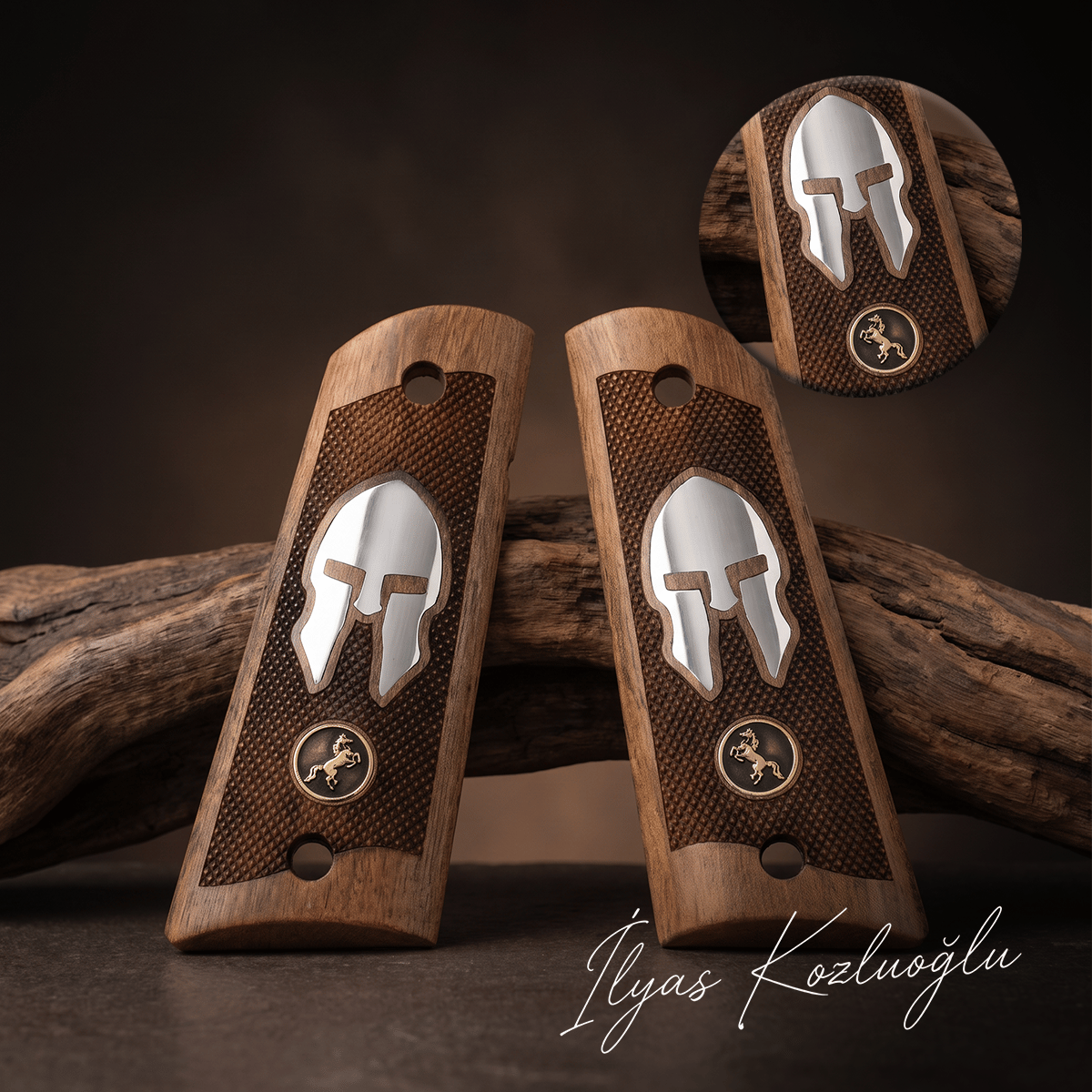 Colt 1911 Ceviz Kabza Tam Yüzey Baklava Desenli Üzeri Gümüş Renk Sparta Miğferi ve Sarı Pirinç Logolu