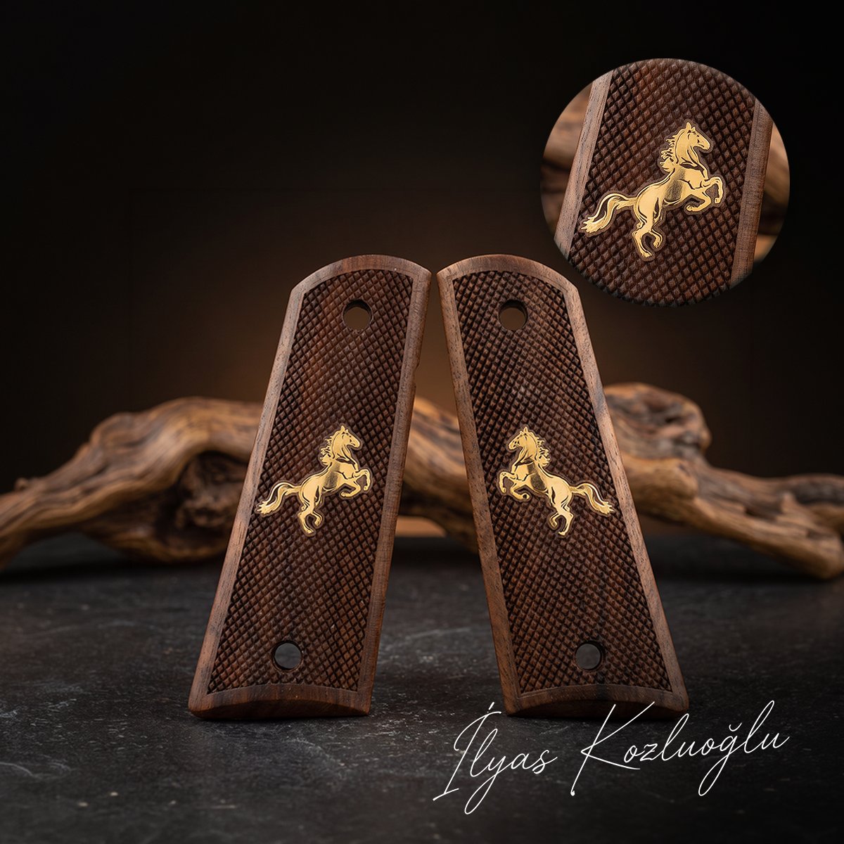 Colt 1911 Ceviz Kabza Tam Yüzey Baklava Desenli Üzeri Sarı Pirinç At Logolu