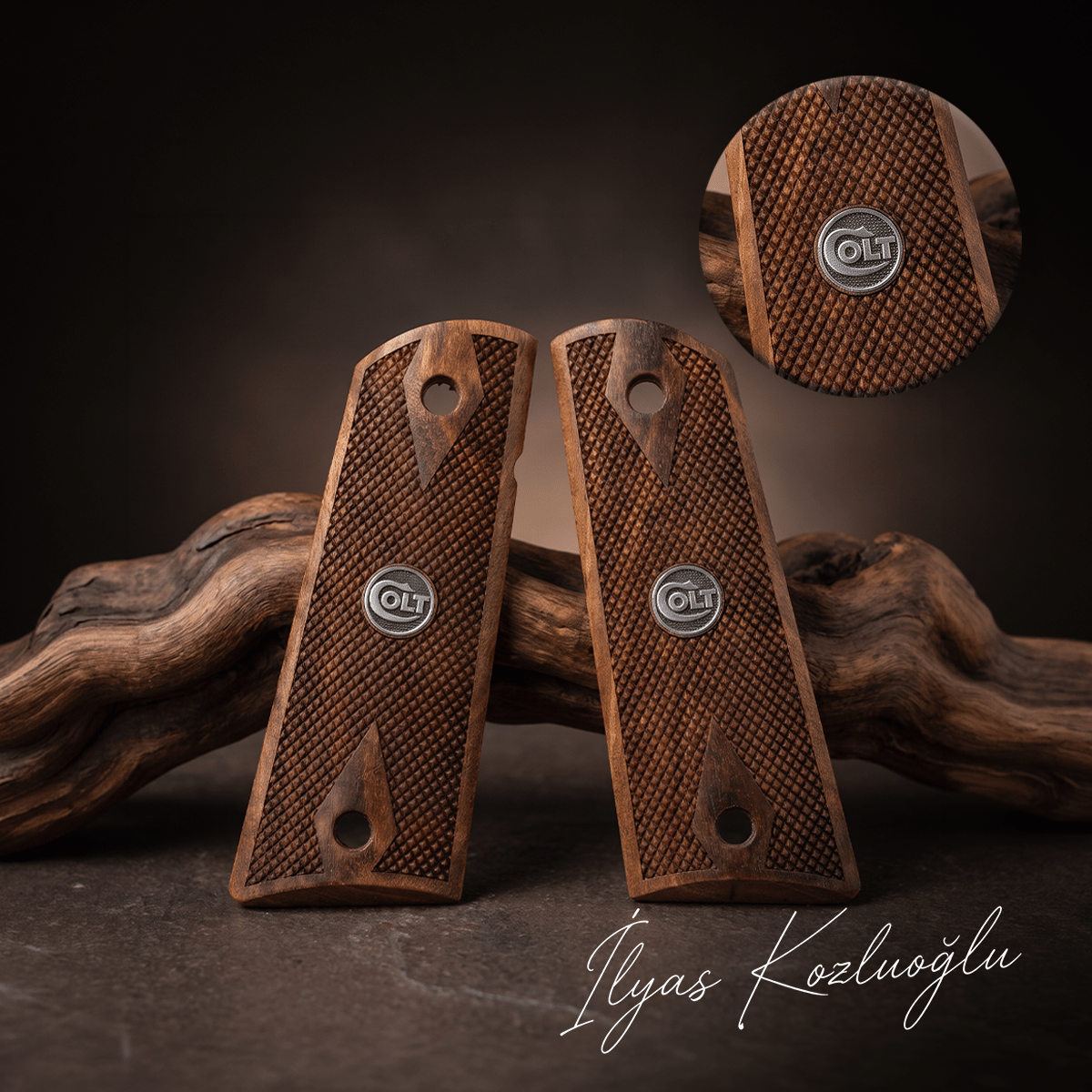 Colt 1911 Ceviz Kabza Tam Yüzey Baklava Desenli Üzeri Gümüş Renk Colt Logolu