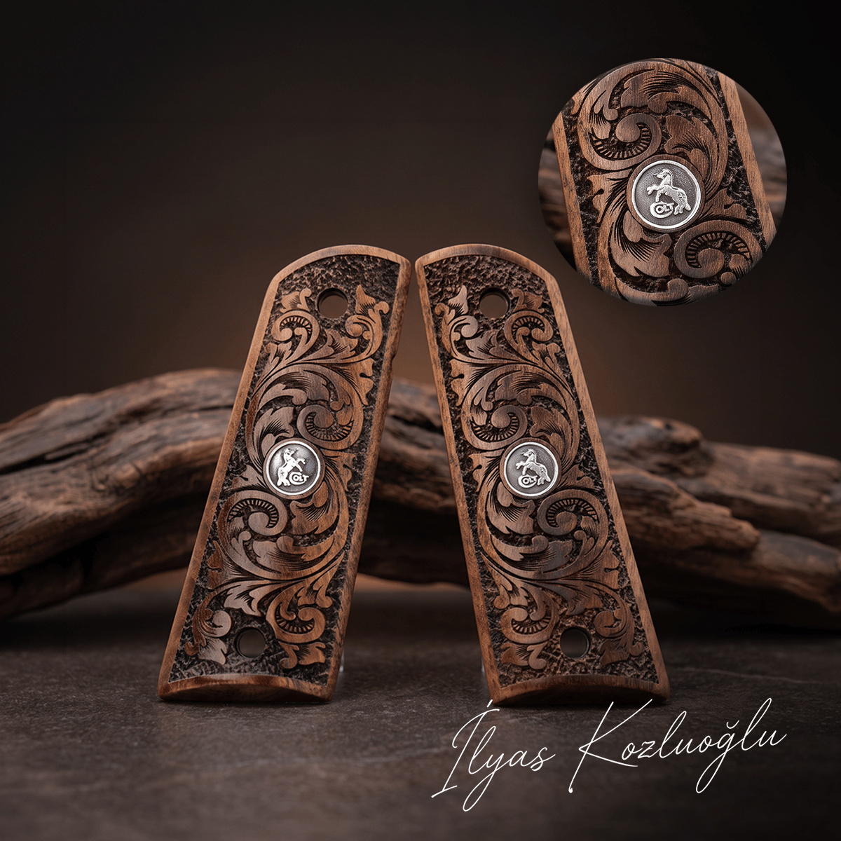 Colt 1911 Ceviz Kabza Tam Yüzey Gravür Desenli Üzeri Gümüş Renk Colt Logolu
