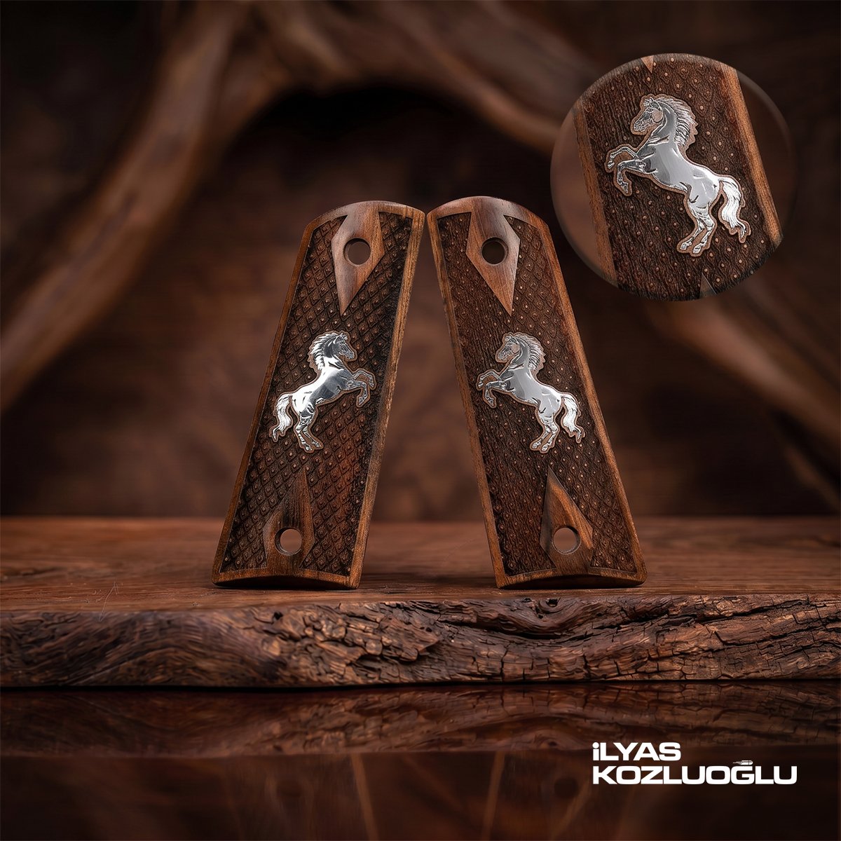 Colt 1911 Koyu Ceviz Kabza Tam Baklava Desenli Gümüş At Logolu