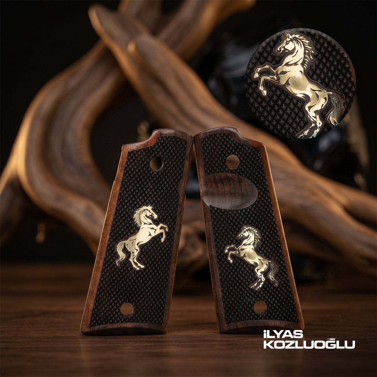 Colt 1911 Koyu Ceviz Kabza Tam Yüzey Baklava Desenli Sarı Pirinç At Logolu