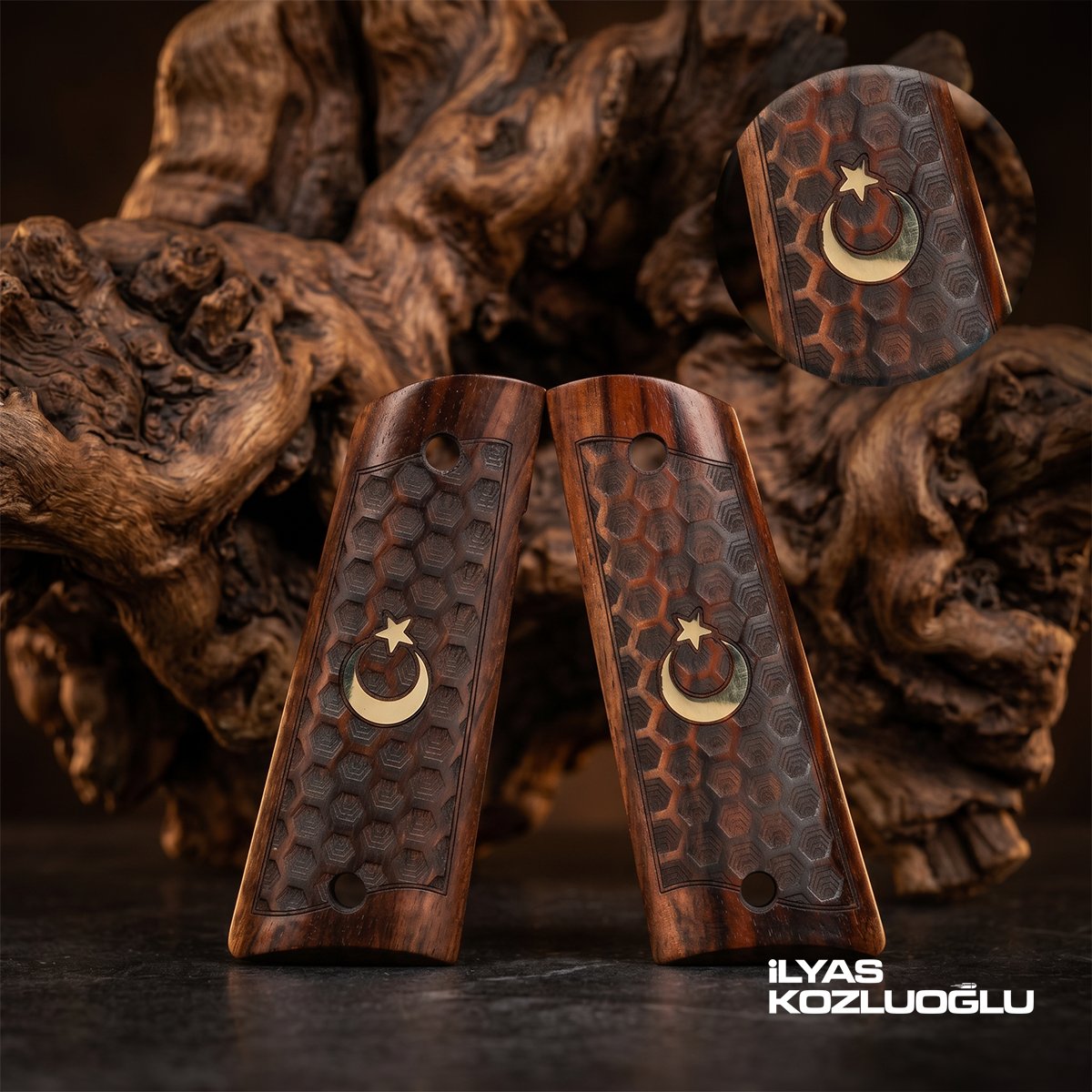 Colt 1911 Koyu Ceviz Kabza Tam Yüzey Desen Üzeri Sarı Pirinç Ay Yıldız Logolu