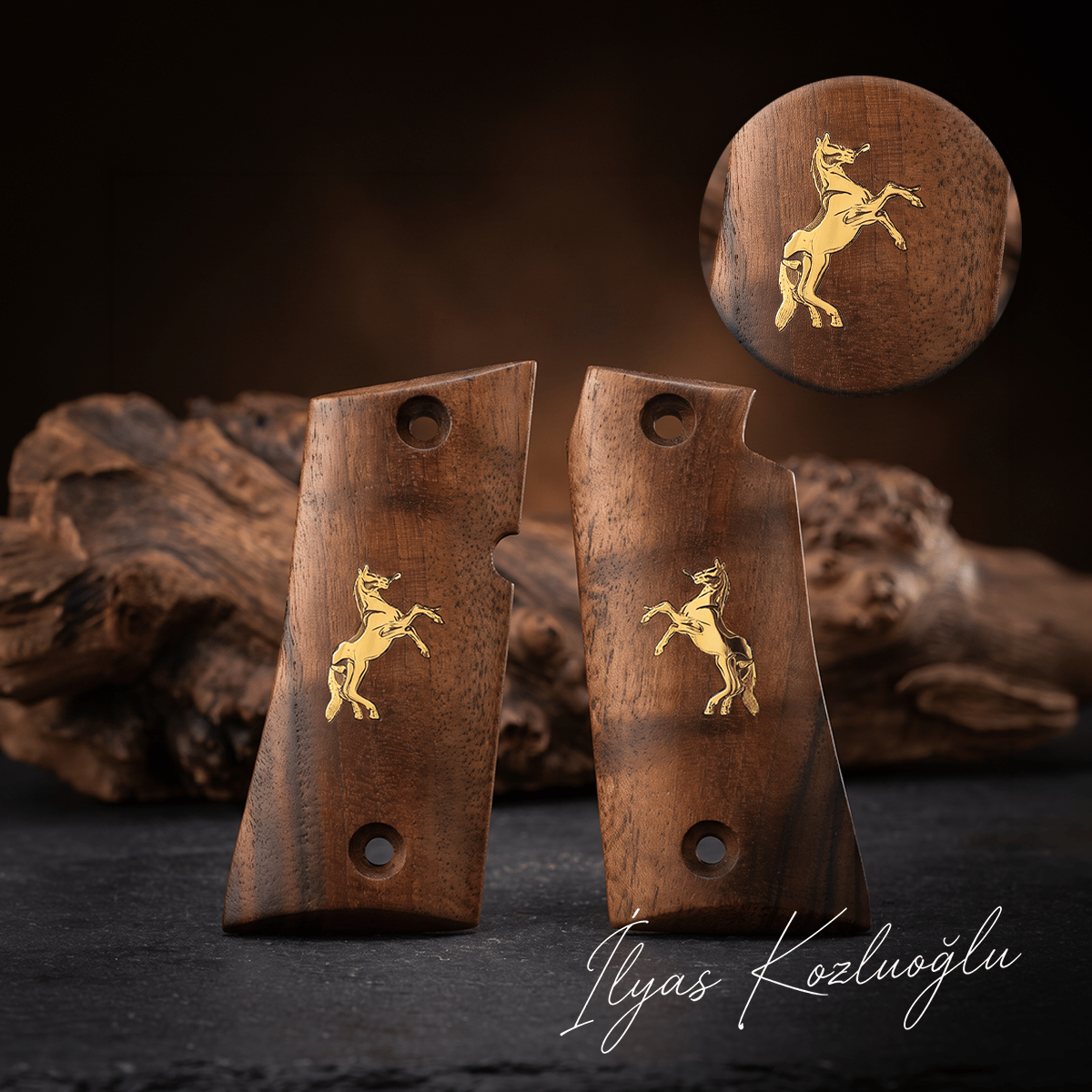 Colt Mustang Ceviz Kabza Yüzey Desensiz Üzeri Sarı Pirinç At Logolu