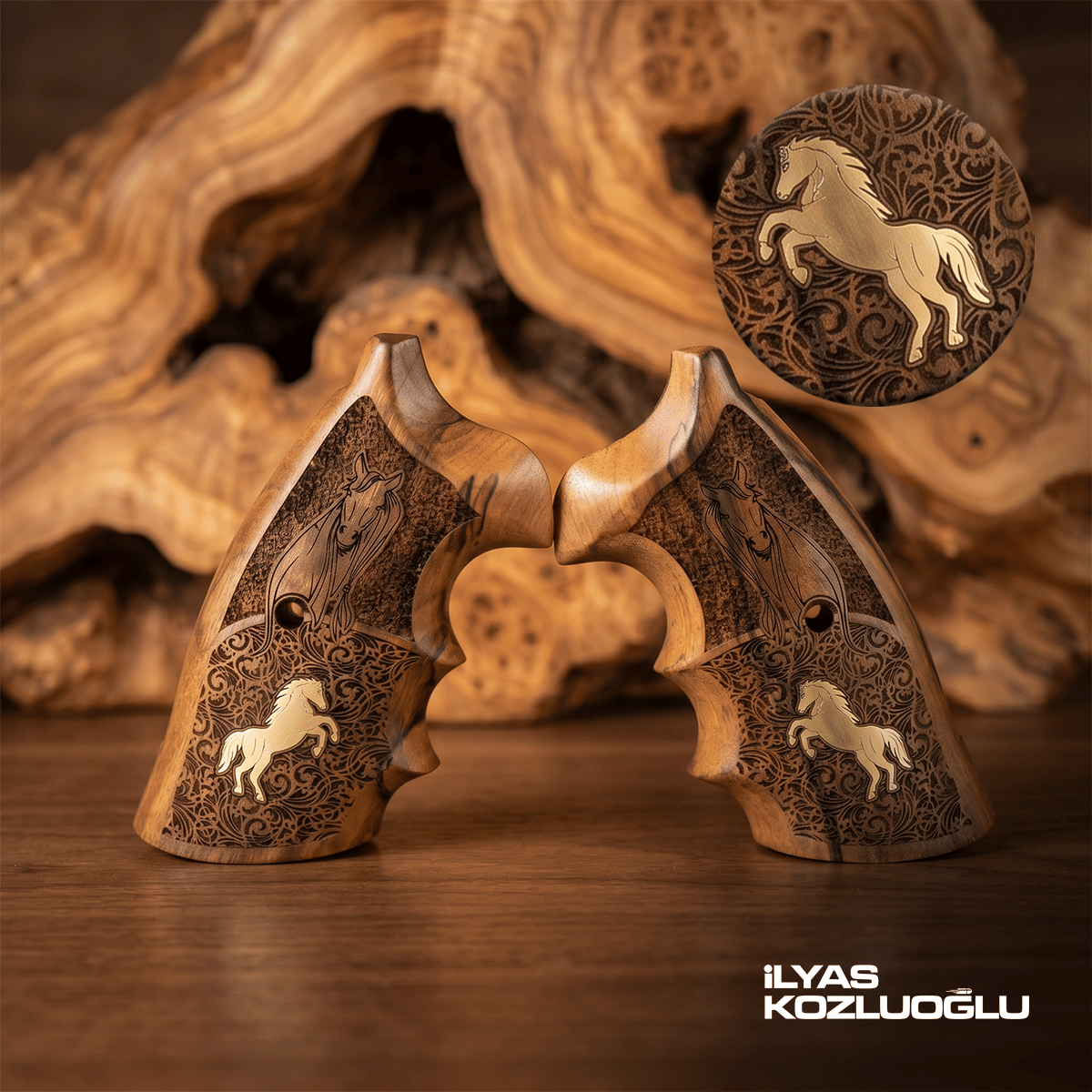 Colt Python Ceviz Kabza Tam Yüzey Özel Tasarım Desenli Sarı Pirinç At Logolu