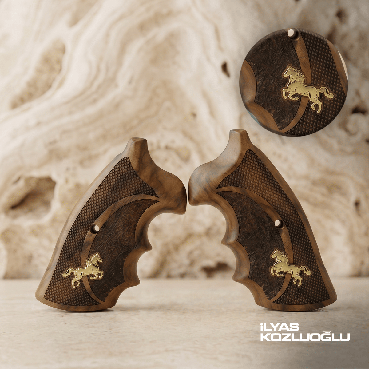 Colt Python Koyu Ceviz Kabza Tam Yüzey Desenli Sarı Pirinç At Logolu