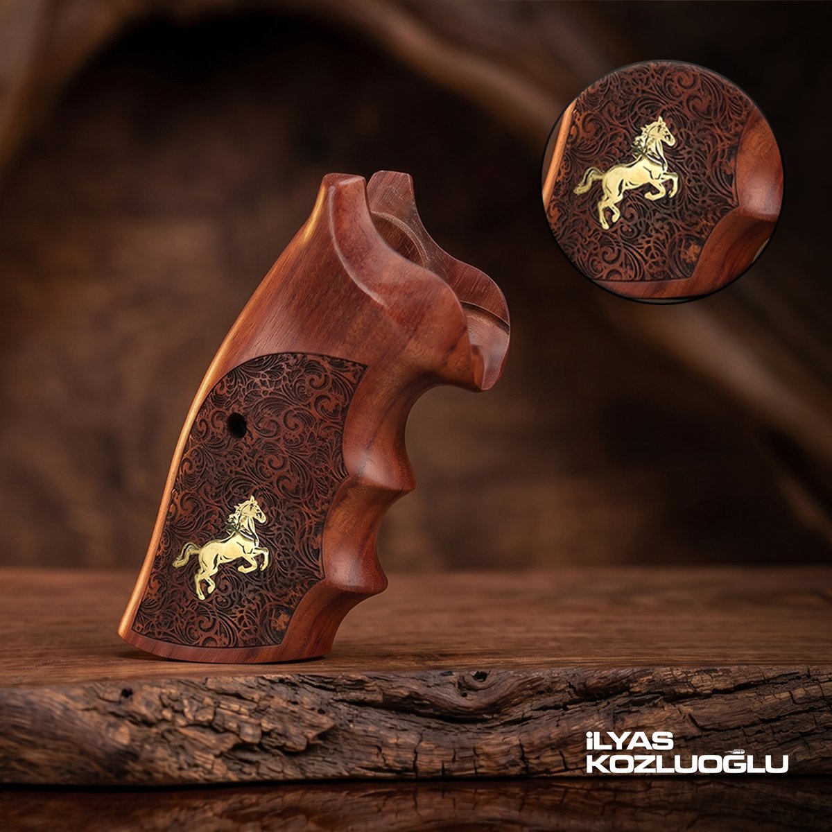 Colt Python Koyu Ceviz Kabza Yarım Yüzey Çiçek Desenli Sarı Pirinç At Logolu