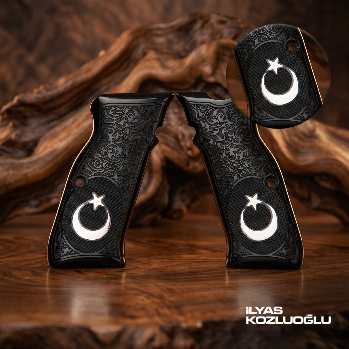 CZ 75-85 B Siyah Pleksi Kabza Tam Yüzey Desen Üzeri Ay Yıldız Logolu