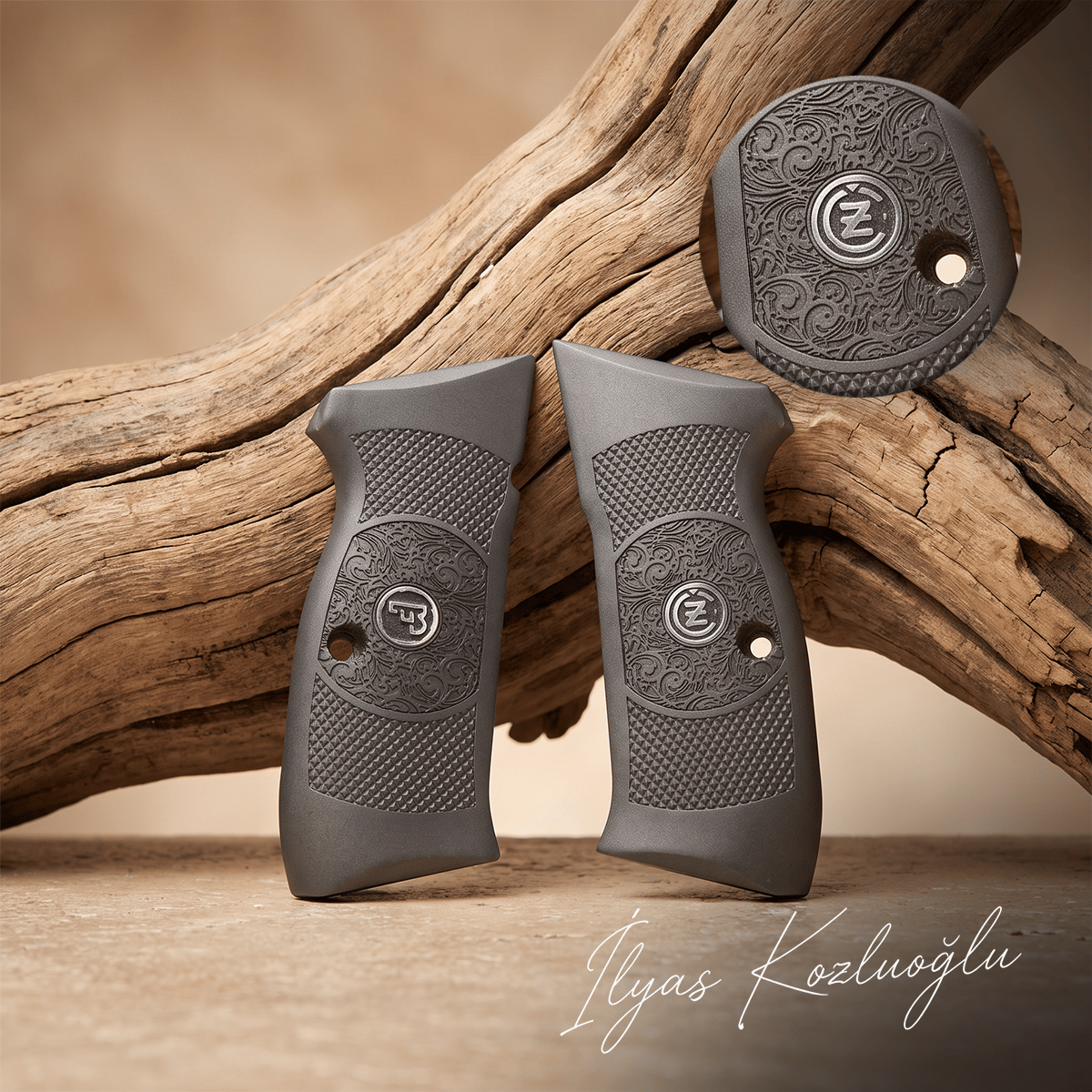 CZ 75 B Alüminyum Kabza Füme Renk Tam Yüzey Desenli Gümüş Renk CZ Logolu