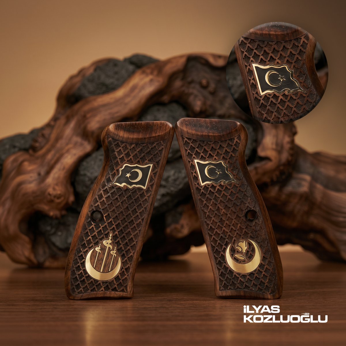 CZ 75 B Compact Koyu Ceviz Kabza Yarım Yüzey Baklava Desen Üzeri Sarı Pirinç Parti Logolu