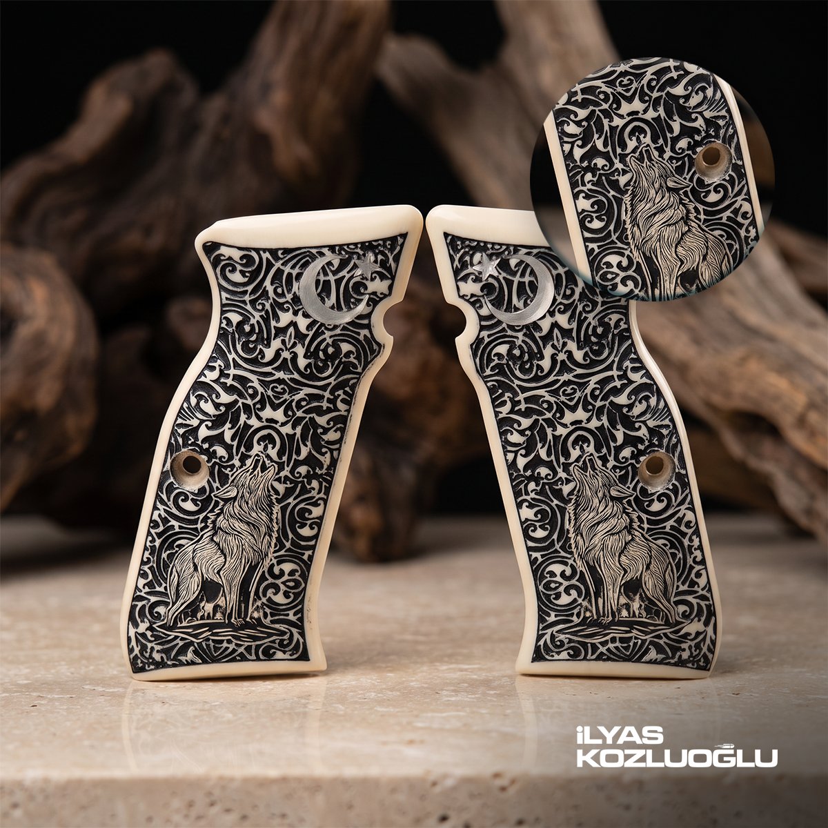 CZ 75 B Fildişi Pleksi Kabza Tam Yüzey Sarmaşık Desen Üzeri Gümüş Renk Kurt ve Ay Yıldız Logolu