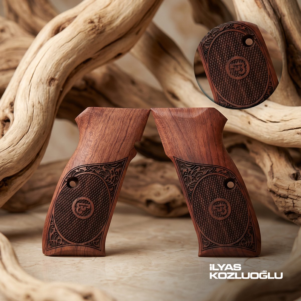 CZ 75 B Gül Ağacı Kabza Yarım Yüzey Desen İşlemeli Logolu