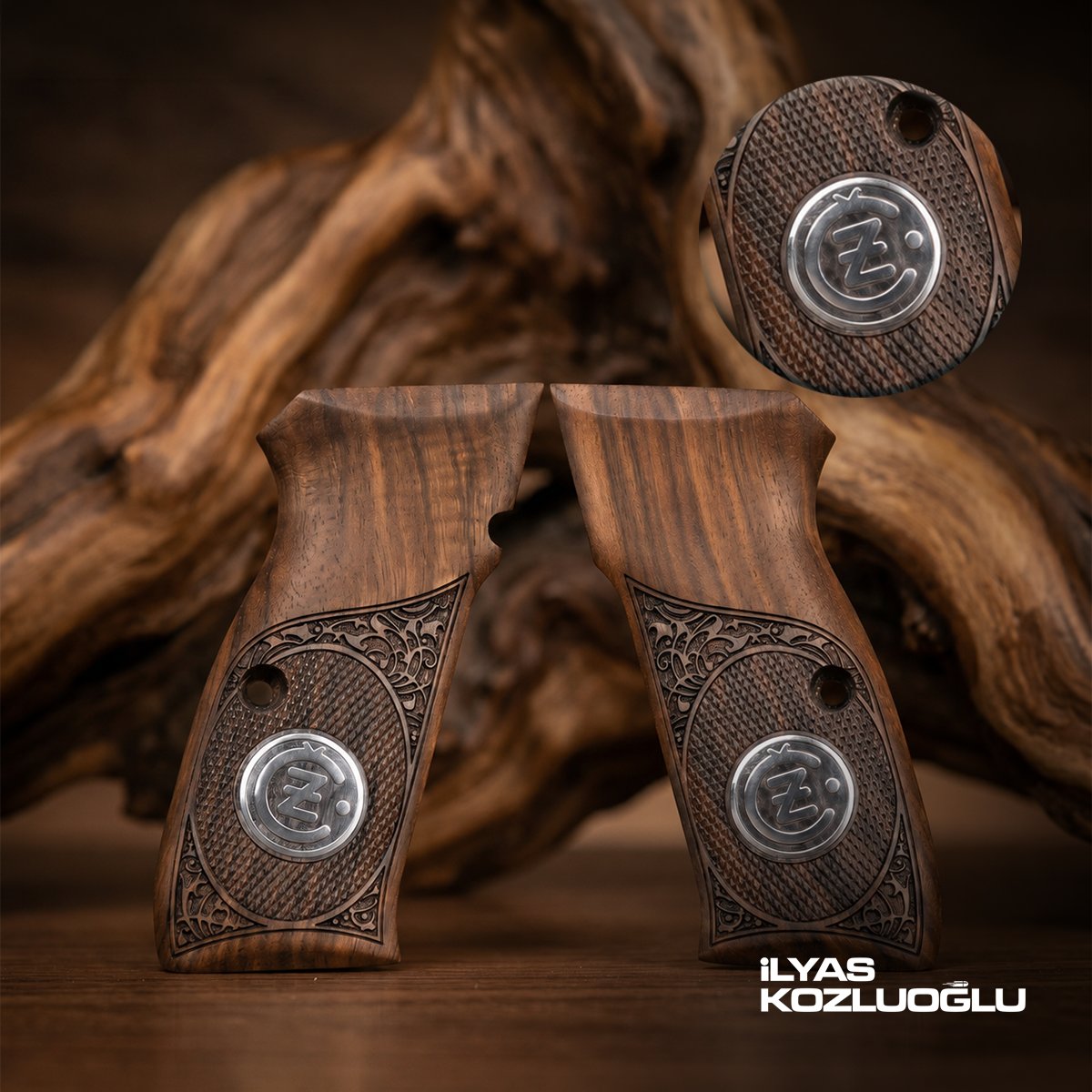 CZ 75 B Koyu Ceviz Kabza Yarım Yüzey Desenli Gümüş Renk CZ Logolu