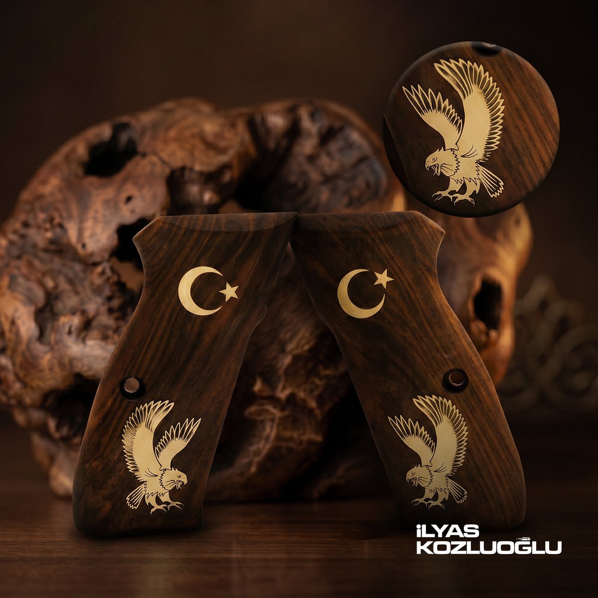 CZ 75 B Koyu Ceviz Kabza Yüzey Desensiz Sarı Pirinç Kartal ve Ay Yıldız Logolu