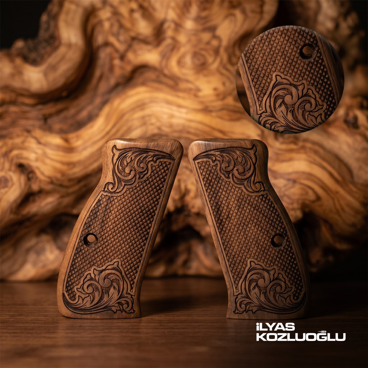CZ 75 Compact Açık Ceviz Kabza Tam Yüzey Baklava Desenli Kenarları Gravürlü