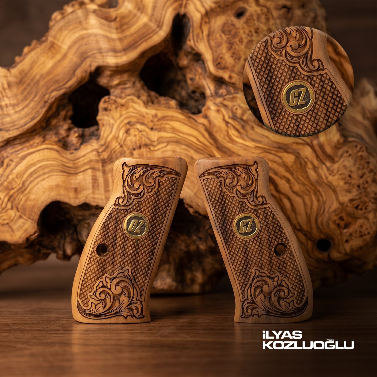 CZ 75 Compact Açık Ceviz Kabza Tam Yüzey Baklava Desenli Köşeleri Gravürlü Sarı Pirinç CZ Logolu