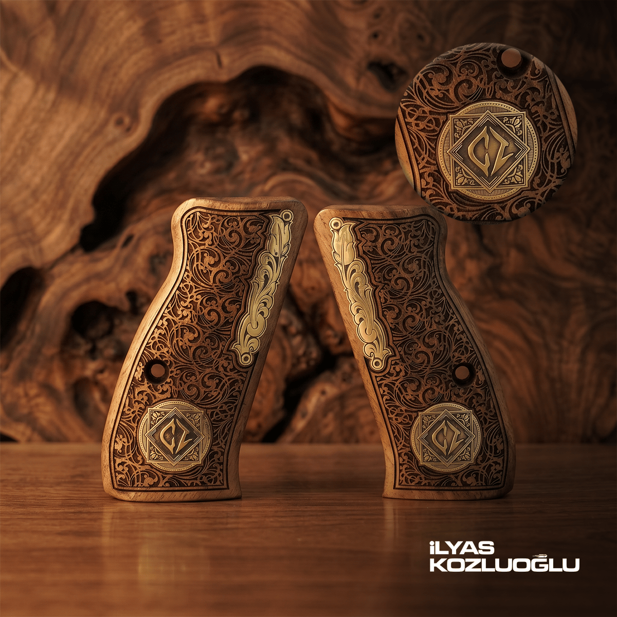 CZ 75 Compact Koyu Ceviz Kabza Tam Yüzey Gravürlü Kenarları Sarı Pirinç Desenli ve CZ Logolu