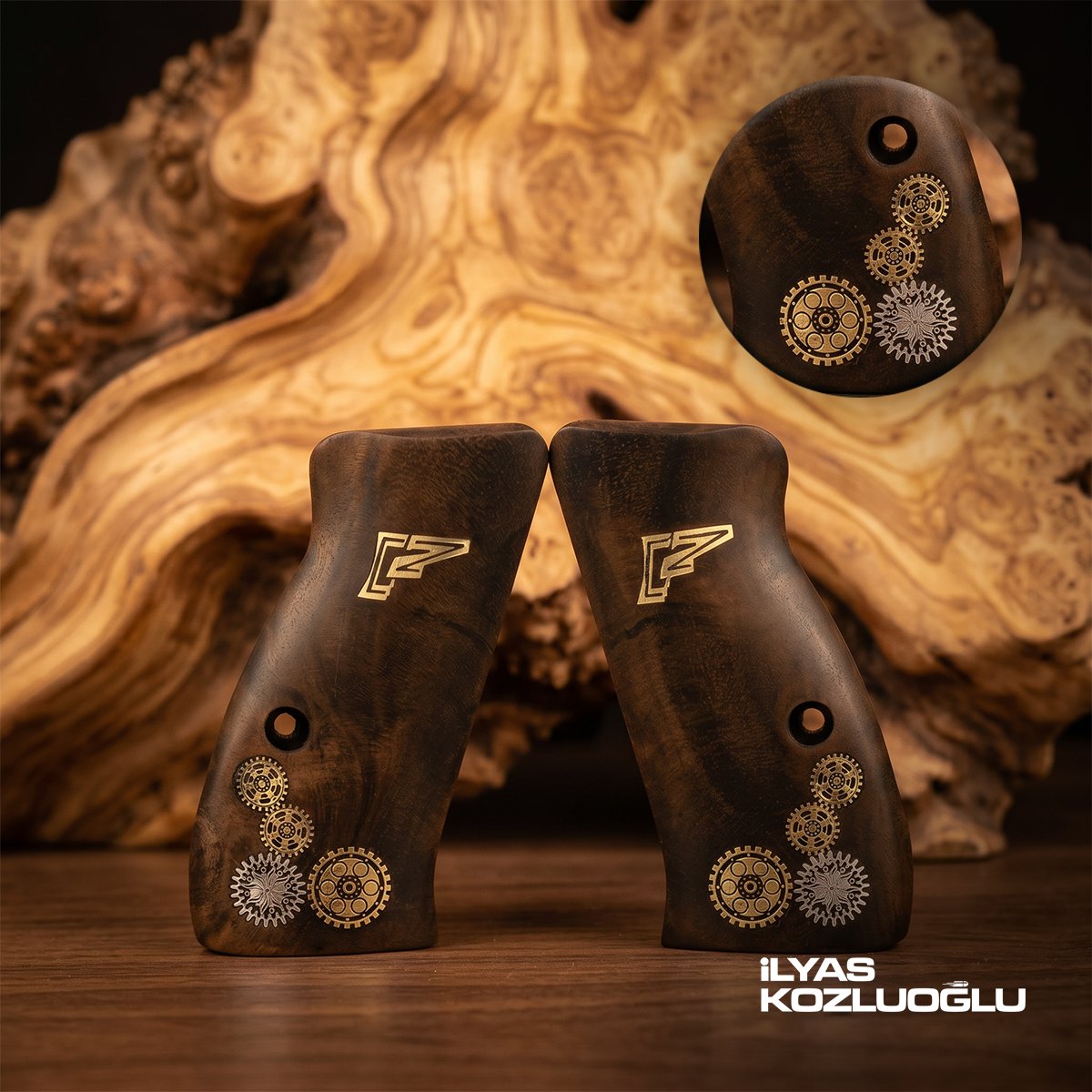 CZ 75 Compact Koyu Ceviz Kabza Yüzey Desensiz Özel Tasarım CZ Logolu