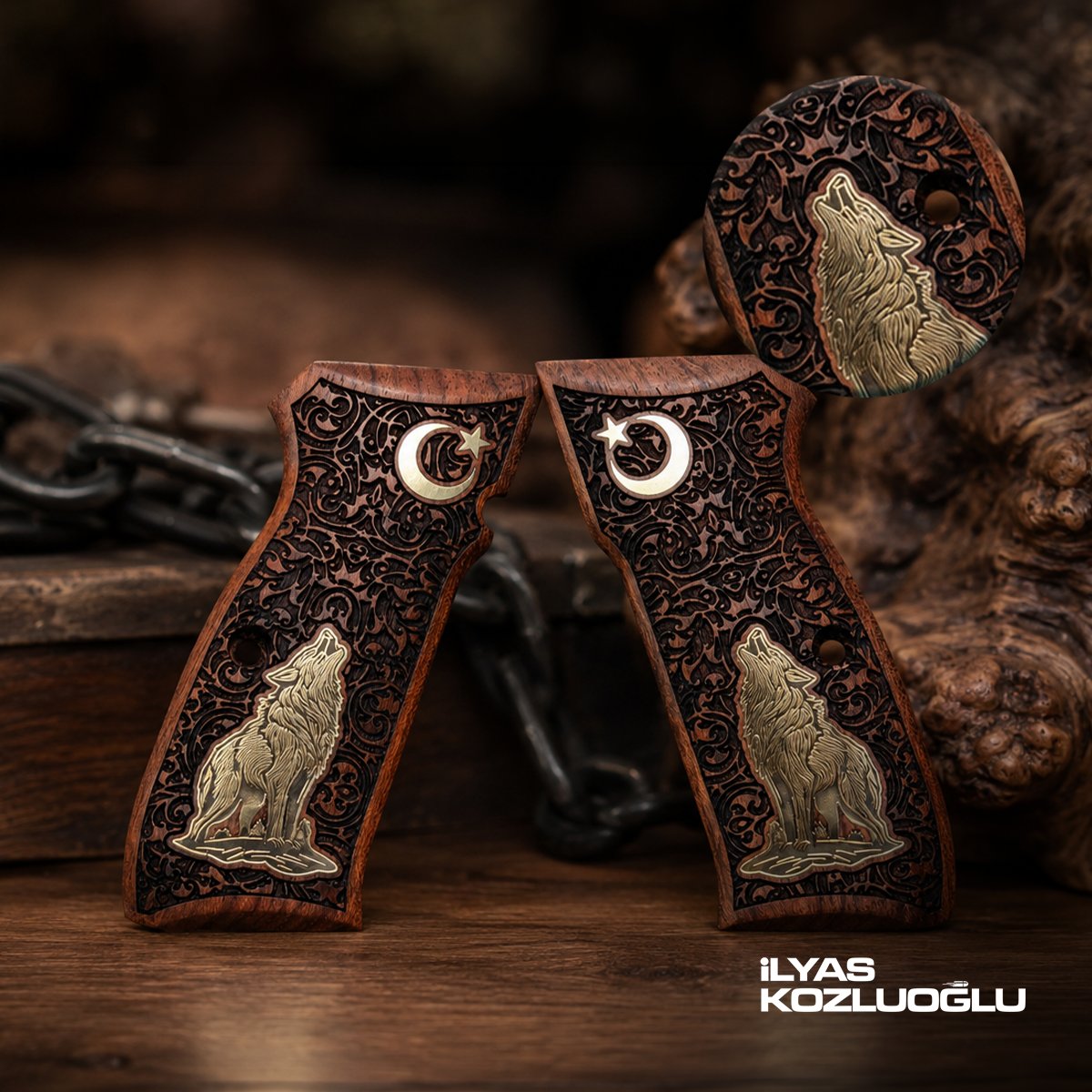 CZ 75B Gül Ağacı Kabza Tam Yüzey Gravür Desenli Üzerinde Sarı Pirinç Kurt ve Ay Yıldız Logolu