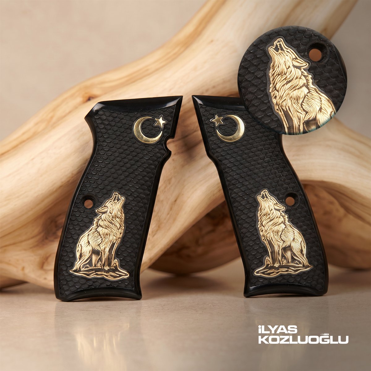 CZ 75B Siyah Pleksi Kabza Tam Yüzey Balık Pulu Desenli Üzeri Sarı Pirinç Kurt ve Ay Yıldız Logolu