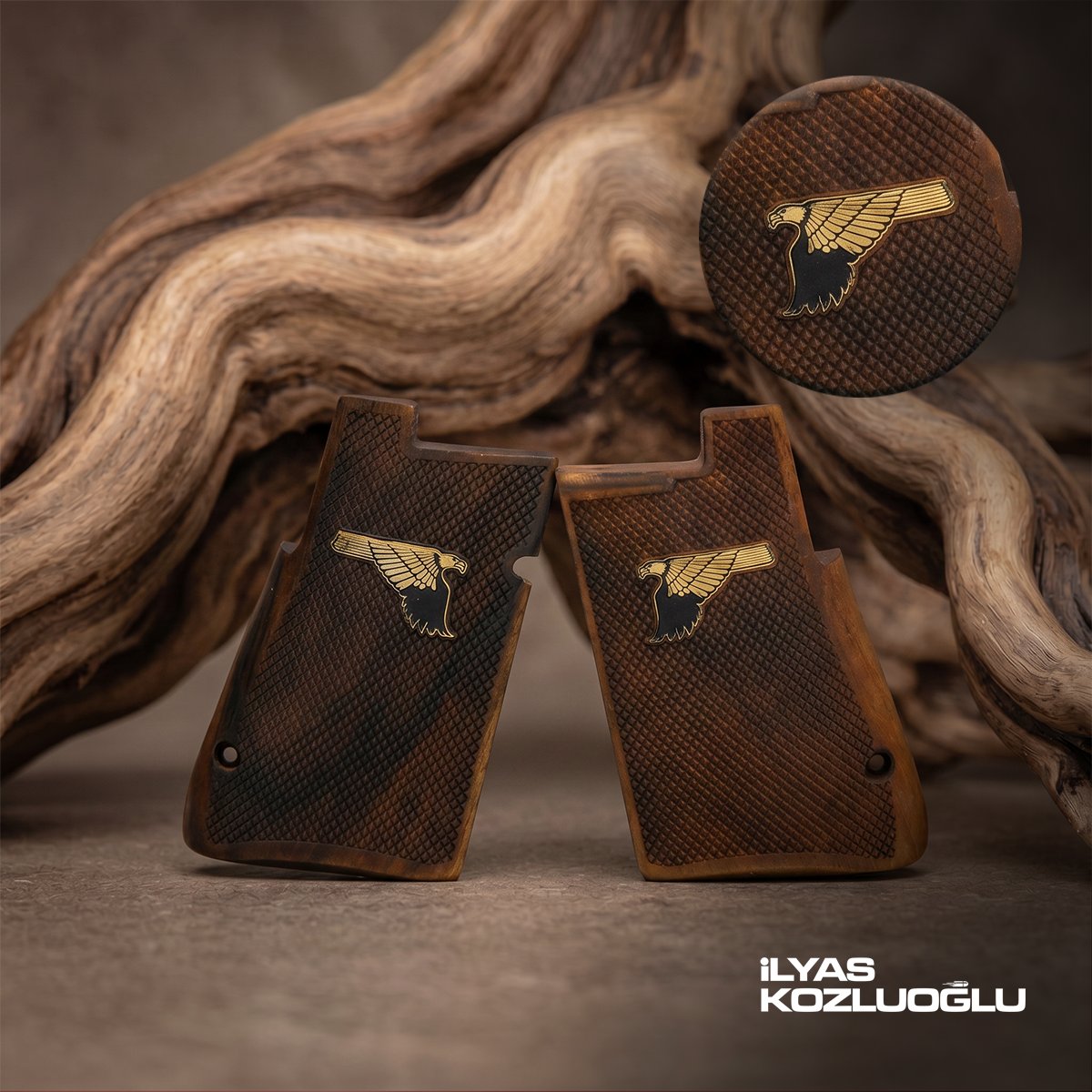 Desert Eagle .357 / .44 / .50 Cal Koyu Ceviz Kabza Tam Yüzey Baklava Desen Üzeri Sarı Pirinç Kartal Logolu