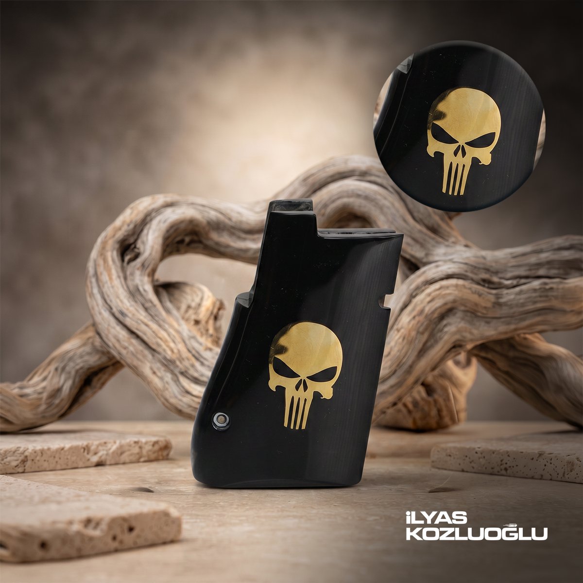 Desert Eagle .357 / .44 / .50 Cal Siyah Pleksi Kabza Yüzey Desensiz Sarı Pirinç Punisher Logolu