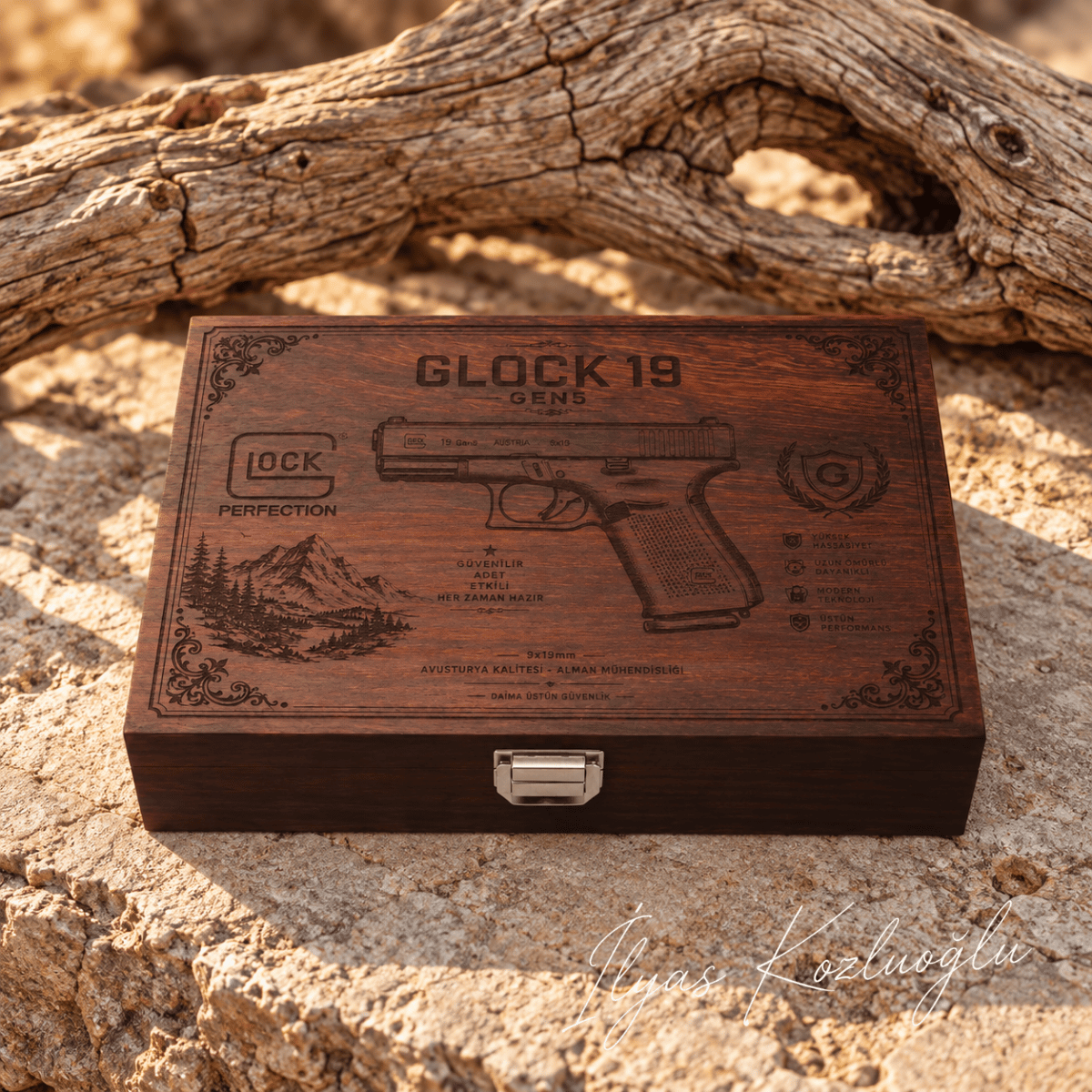 Glock 19 Gen 5 Uyumlu Özel Tasarım Ahşap Tabanca Saklama Kutusu