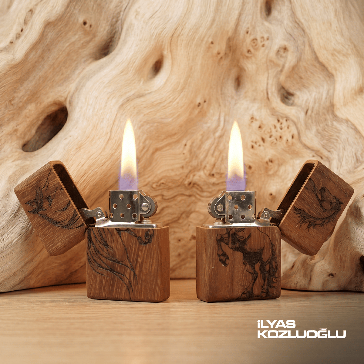 İroko Ahşap Özel Tasarım Çakmak At Logolu