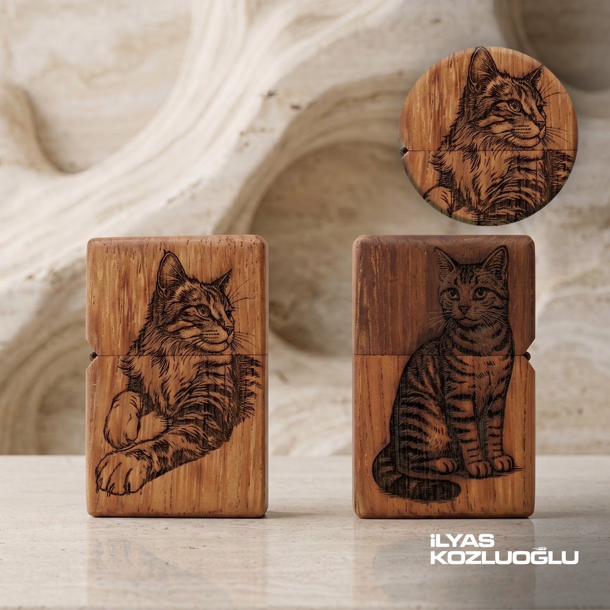 İroko Ahşap Özel Tasarım Çakmak Kedi Logolu