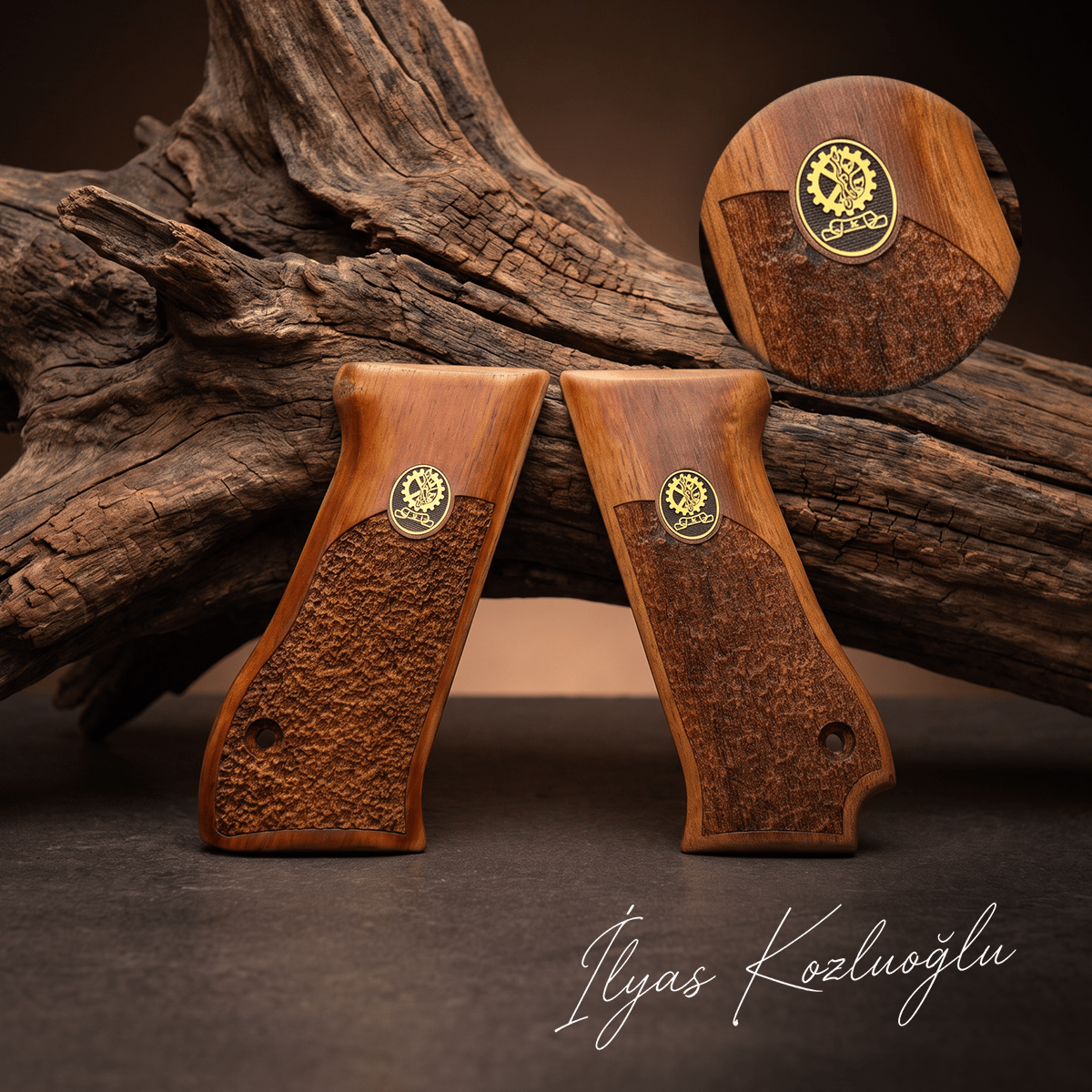 Jericho 941 FS Ceviz Kabza Yarım Yüzey Desenli Üzeri Sarı Pirinç Marka Logolu