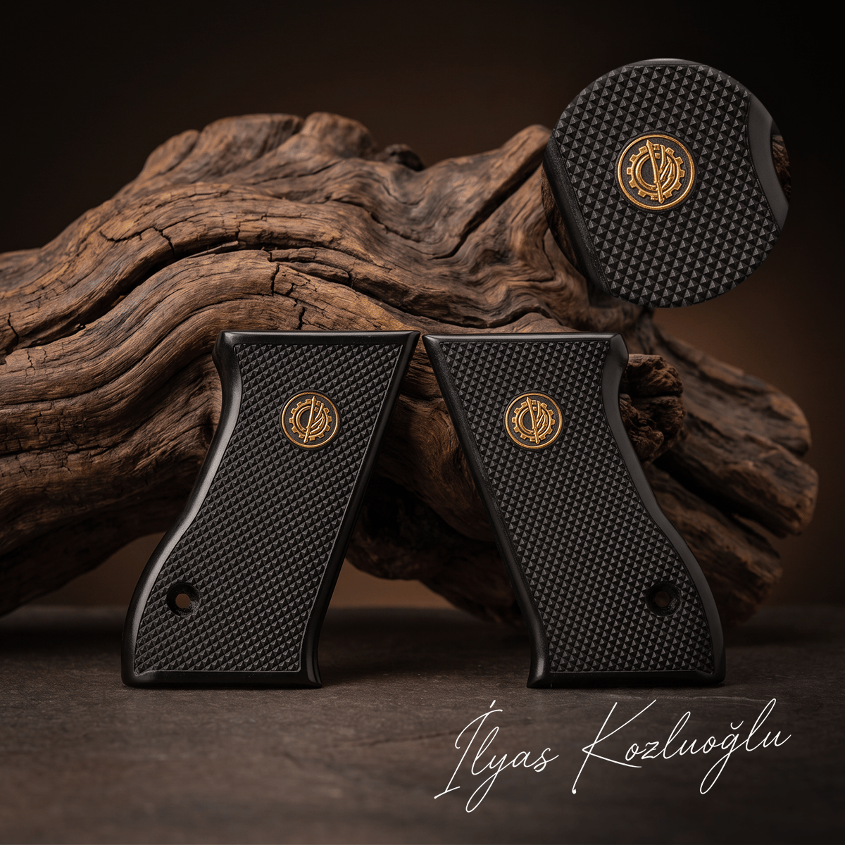 Jericho 941 FS Siyah Pleksi Kabza Tam Yüzey Baklava Desenli Üzeri Sarı Pirinç Logolu