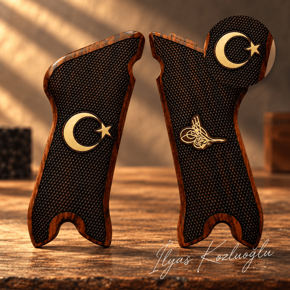Luger P08 Ceviz Kabza Tam Yüzey Baklava Desenli Sarı Pirinç Ay Yıldız ve Osmanlı Tuğrası Logolu