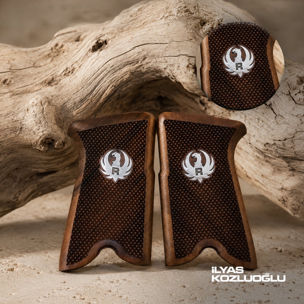 Ruger P85 Koyu Ceviz Kabza Tam Yüzey Baklava Desenli Üzerinde Gümüş Renk Ruger Logolu