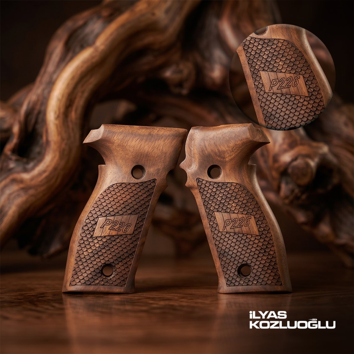 SIG Sauer P226 Koyu Ceviz Kabza Yarım Yüzey Desenli P226 Yazılı