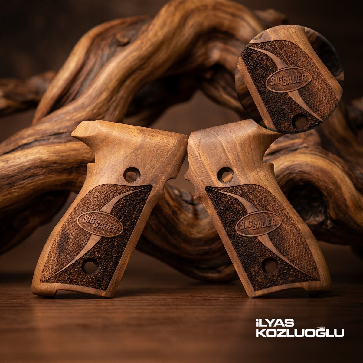 SIG Sauer P228 P229 Açık Ceviz Kabza Yarım Yüzey Tasarım Desenli SIG Sauer Yazılı