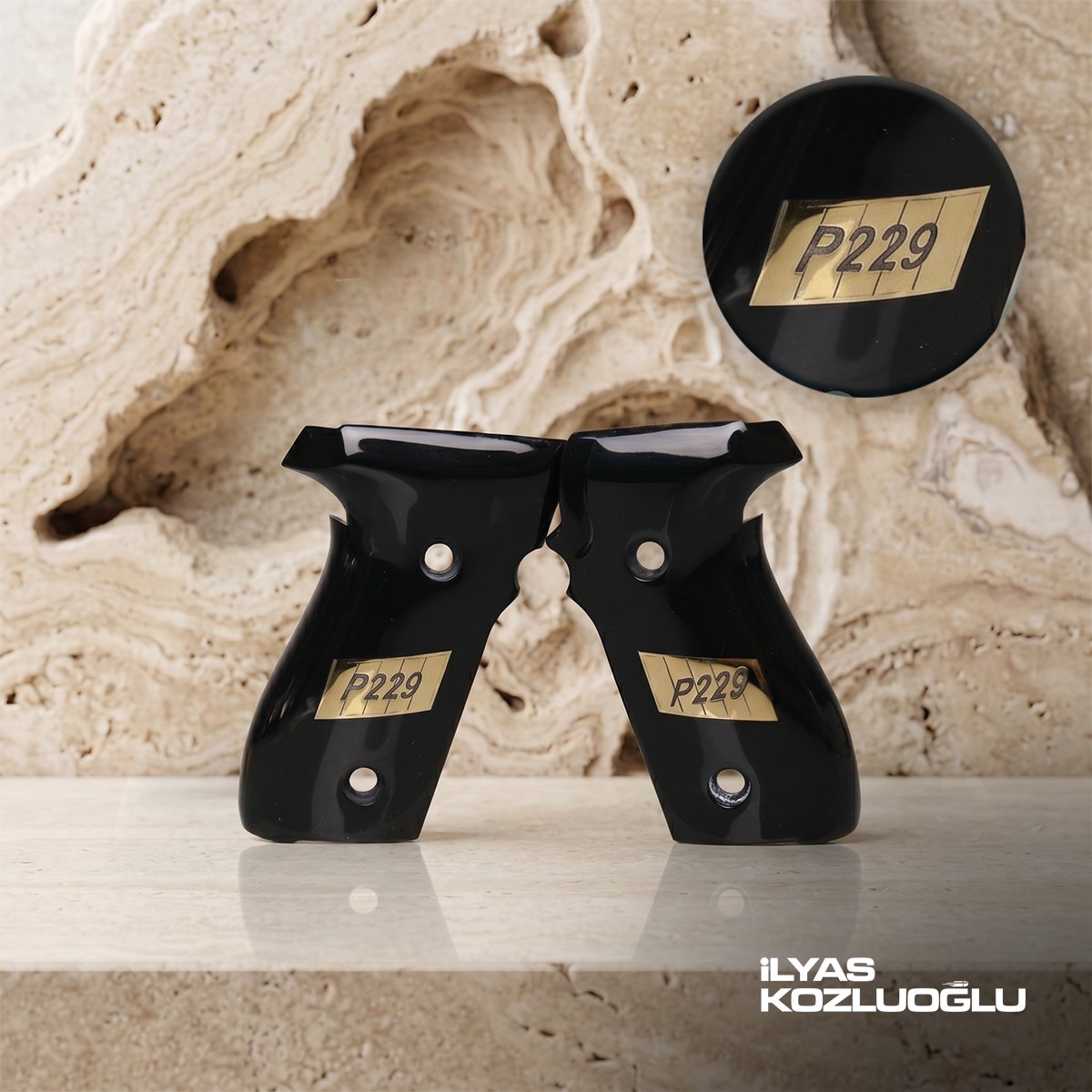 Sig Sauer P228 / P229 Siyah Pleksi Kabza Yüzey Desensiz Sarı Pirinç P229 Yazılı