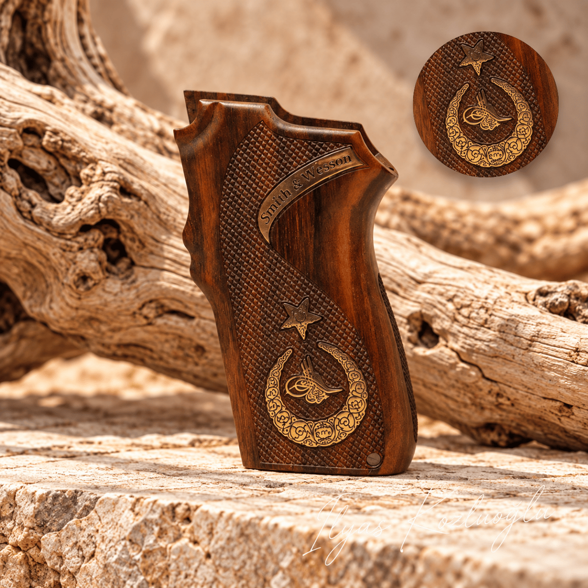 Smith & Wesson 6906 Ceviz Kabza Tam Yüzey Desenli Sarı Pirinç Ay Yıldız ve Osmanlı Tuğra Logolu