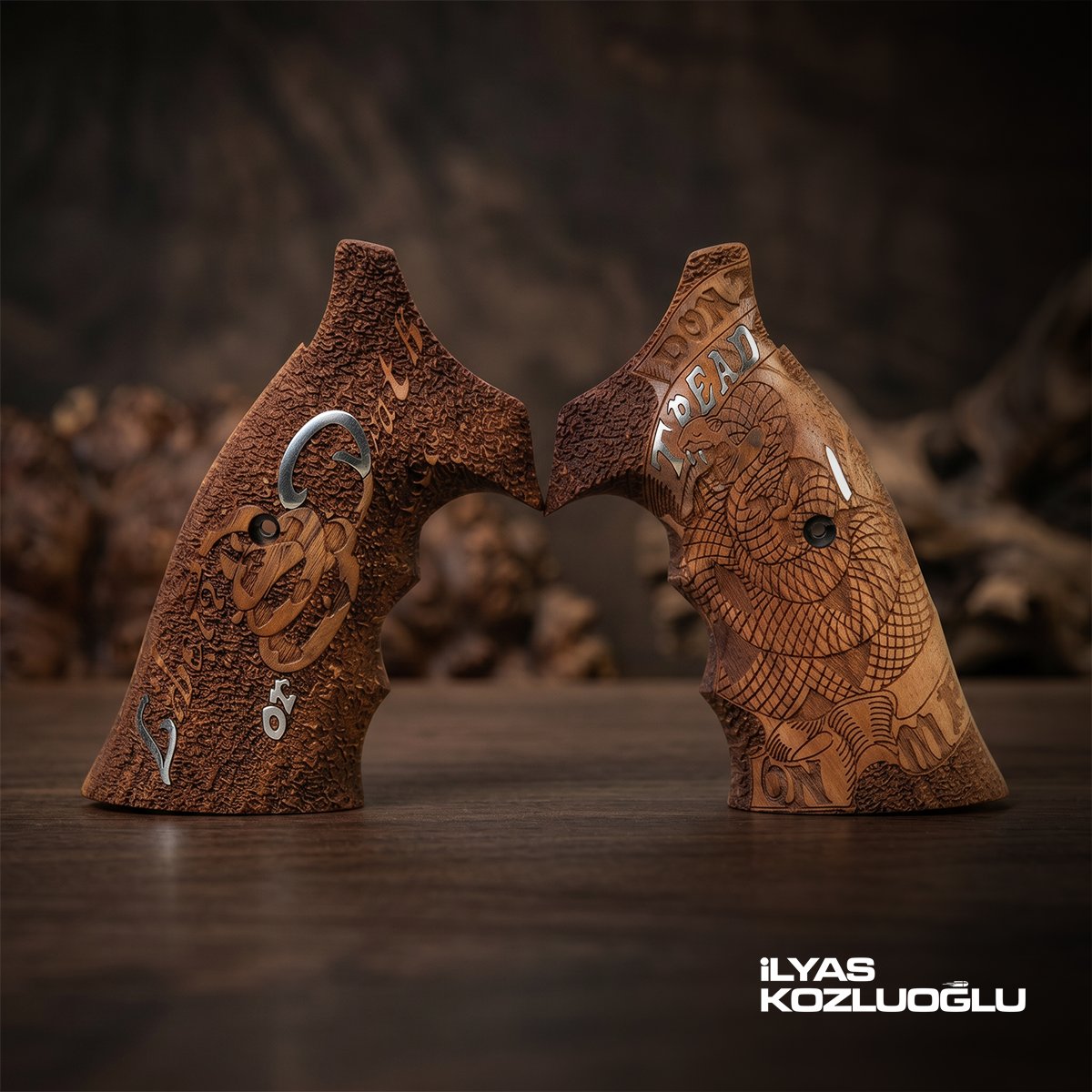 Smith & Wesson K/L Frame Square Butt Ceviz Kabza Tam Yüzey Özel Tasarımlı Gümüş Renk Yazılı