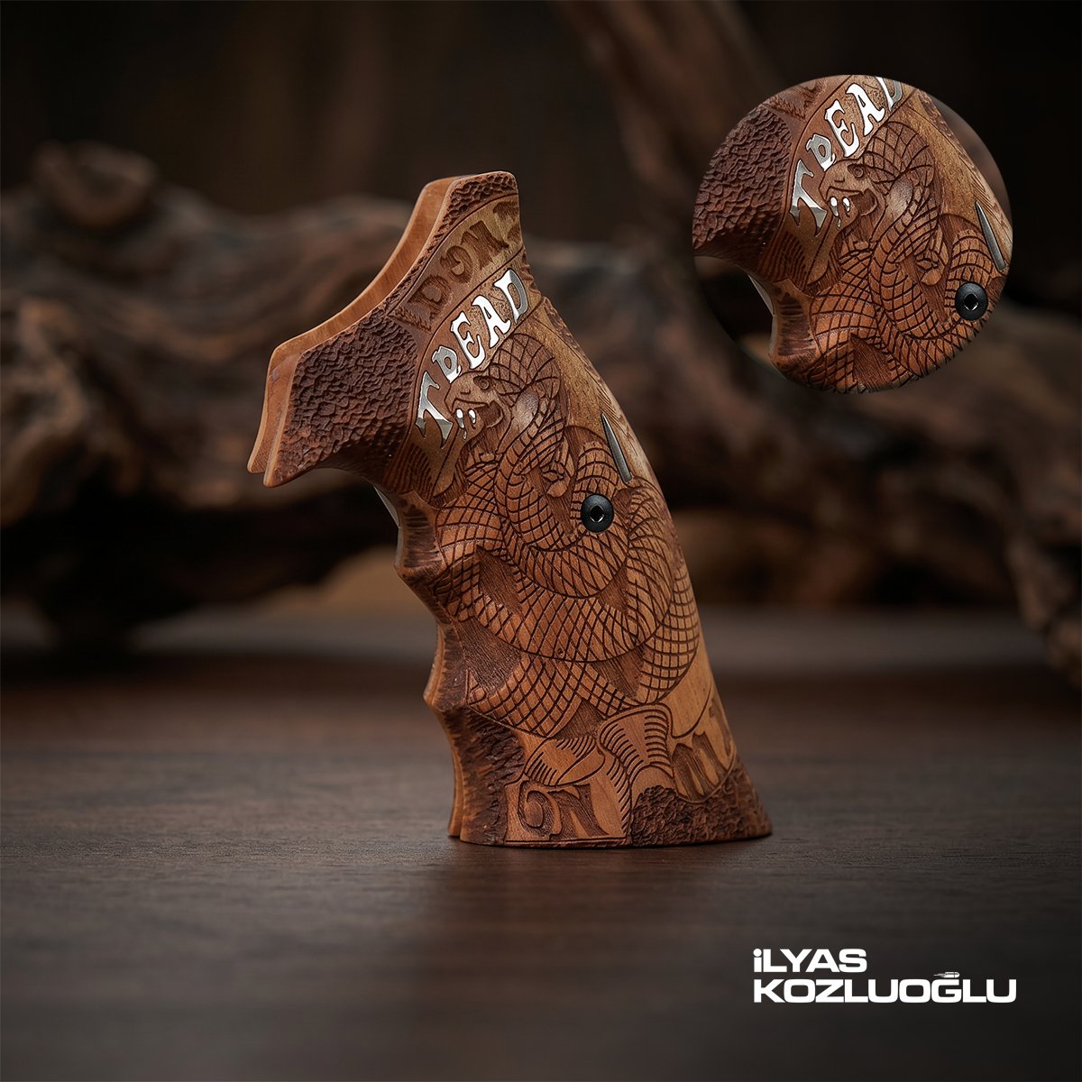 Smith & Wesson K/L Frame Square Butt Ceviz Kabza Tam Yüzey Özel Tasarımlı Gümüş Renk Yazılı
