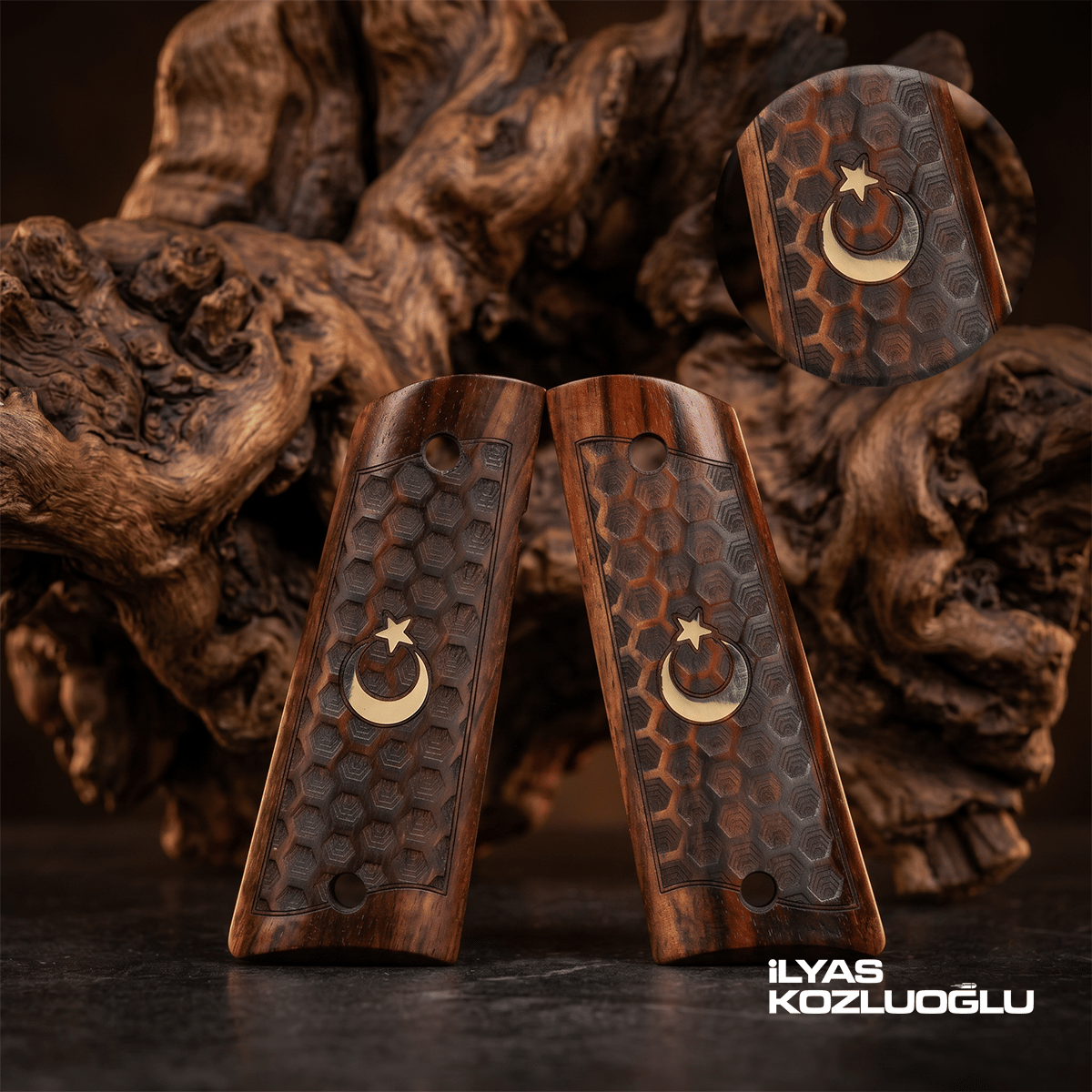 Tisaş Zig M 1911 Koyu Ceviz Kabza Tam Yüzey Desen Üzeri Sarı Pirinç Ay Yıldız Logolu