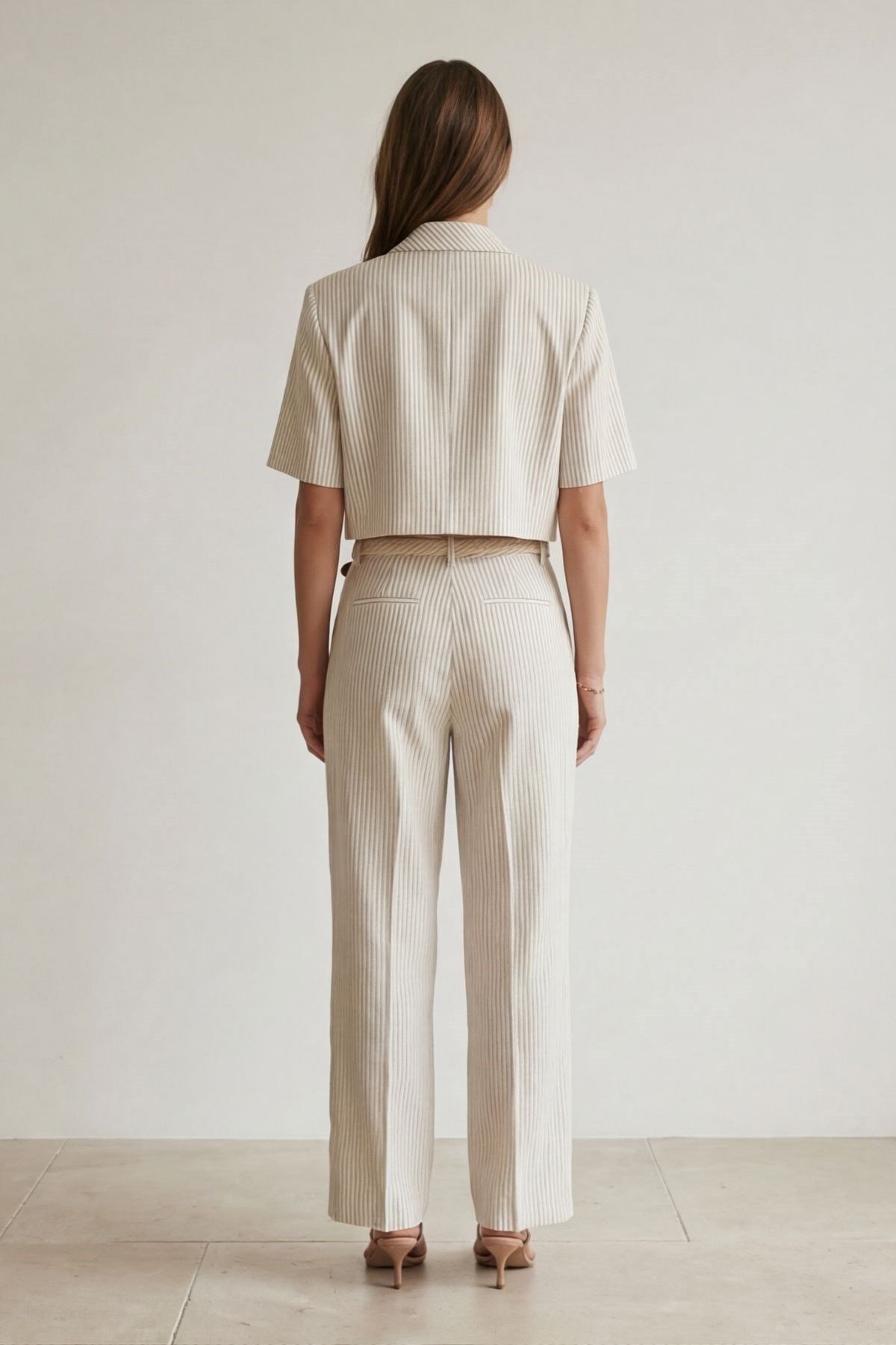  Vatkalı Crop Blazer Ceket Natur - Kahve Çizgili