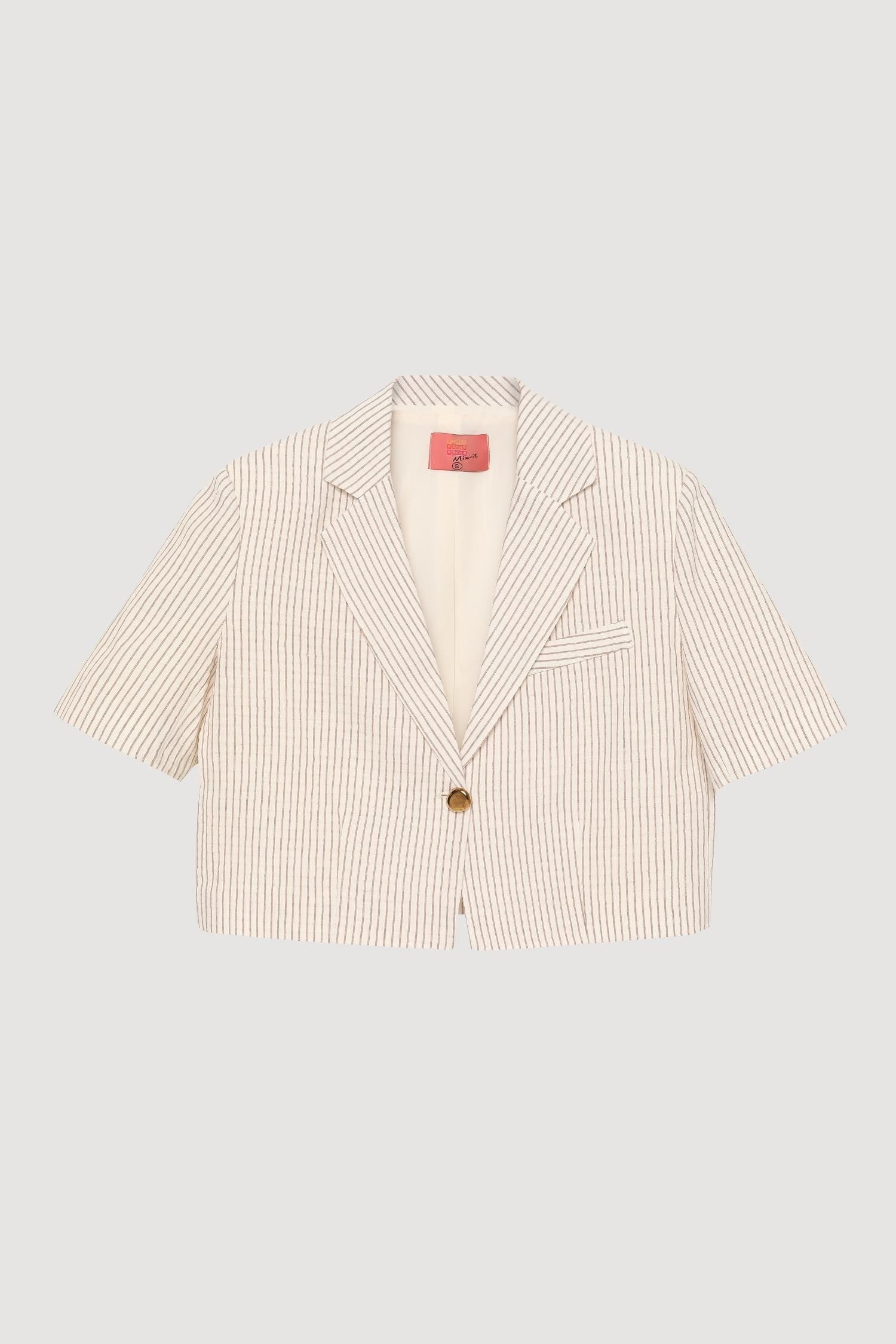  Vatkalı Crop Blazer Ceket Natur - Kahve Çizgili