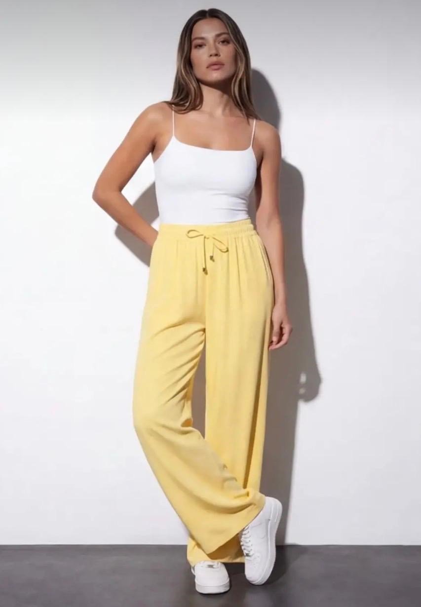 Beli Lastikli Bol Paça Pantolon Sarı