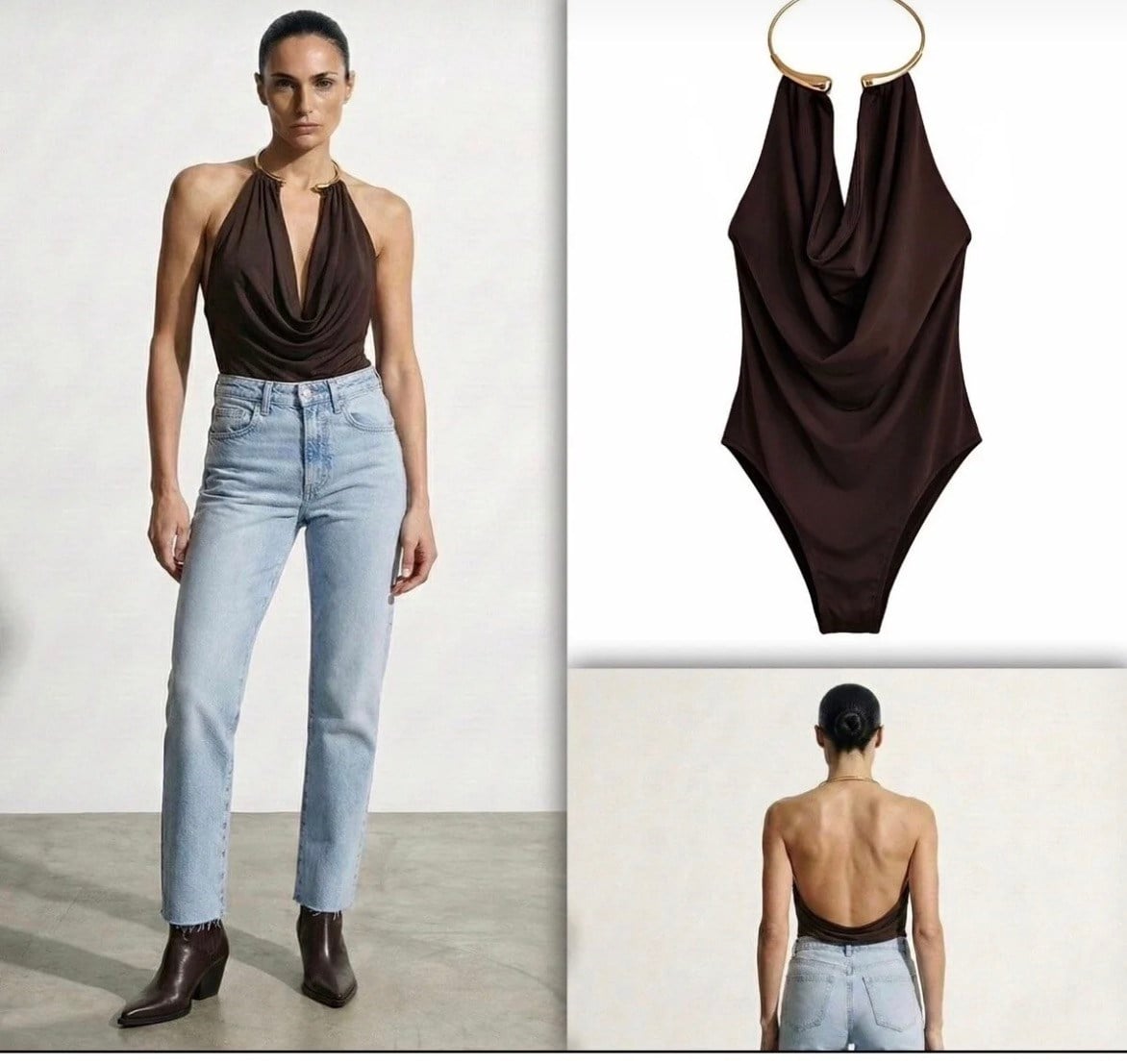 Kadın Halter Yaka Gold Aksesuarlı Degaje Yaka Bluz- Kahverengi